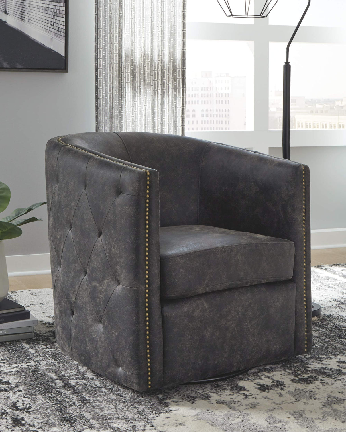 Signature Design by Ashley Brentlow Tufted Barrel Accent Swivel Chair, Distressed Black Signature Design by Ashley