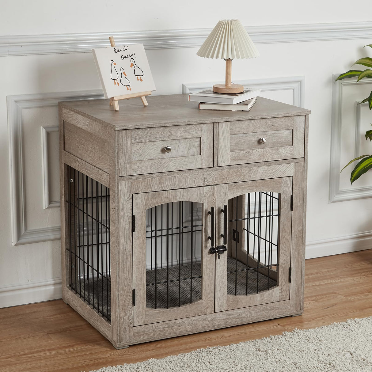 Dog Crate Furniture with Double Drawers, Wooden End Table Dog Kennel, Furniture Style Wood House Crate for Small/Medium/Large Dogs, Decorative Dog Crate with Storage for Large Breed, 32 Inch,Gray IDEALHOUSE