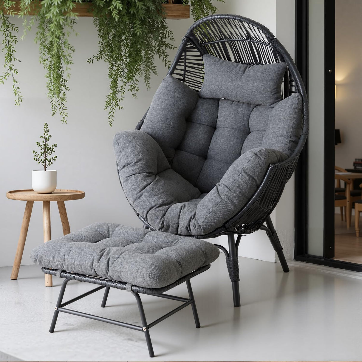 IRONCK Wicker Outdoor Egg Chair with Ottoman, Patio Lounge Chair with Footrest, Thickened Padded Cushion and Headrest, Egg Seat for Patio, Living Room, Garden, Balcony, Dark Gray IRONCK
