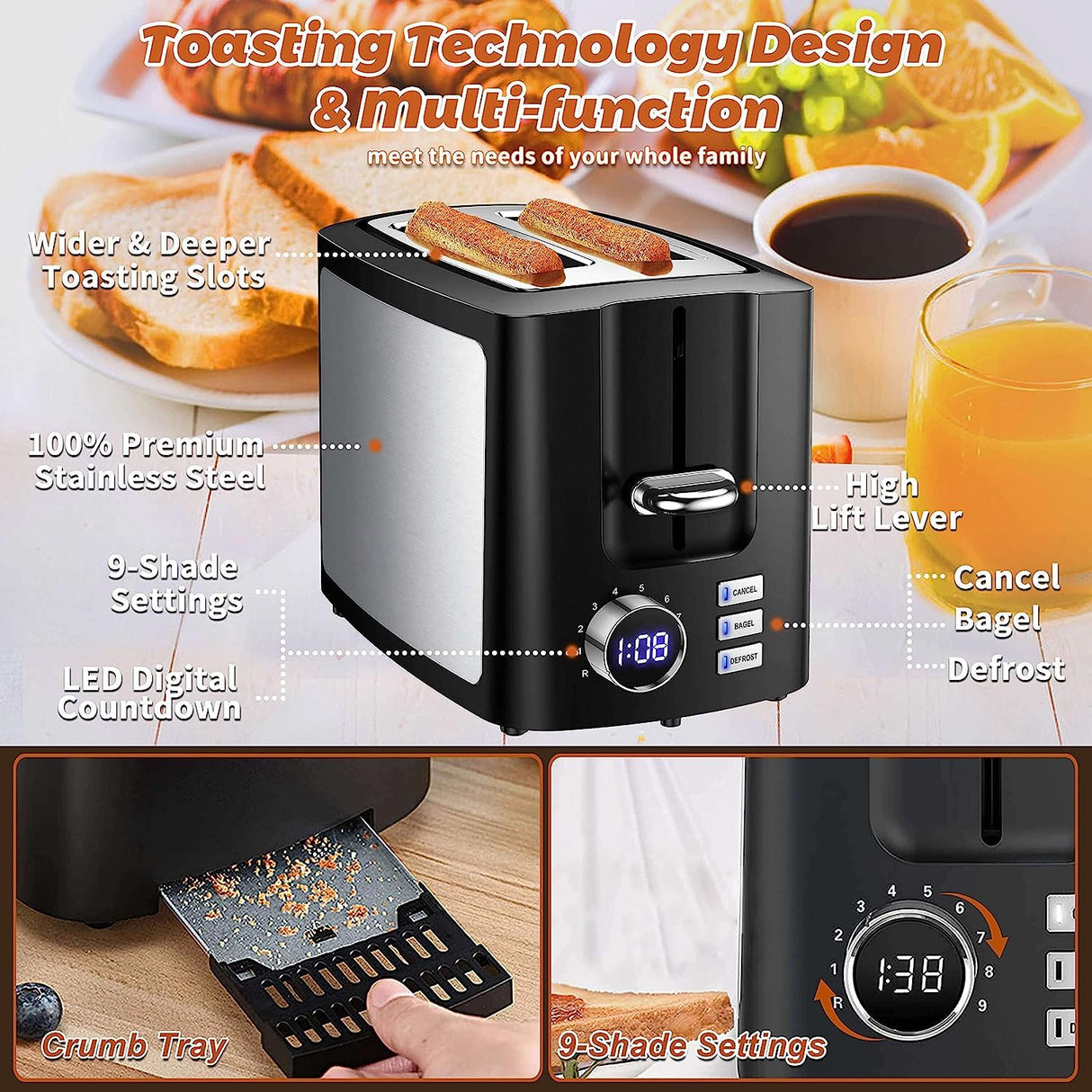 Toaster 2 Slice Wide Slot Toaster Best Rated Prime Displav Smart Toasters with LCD Digital Countdown Timer and Bagel/Defrost/Cancel/Reheat Function Hommater