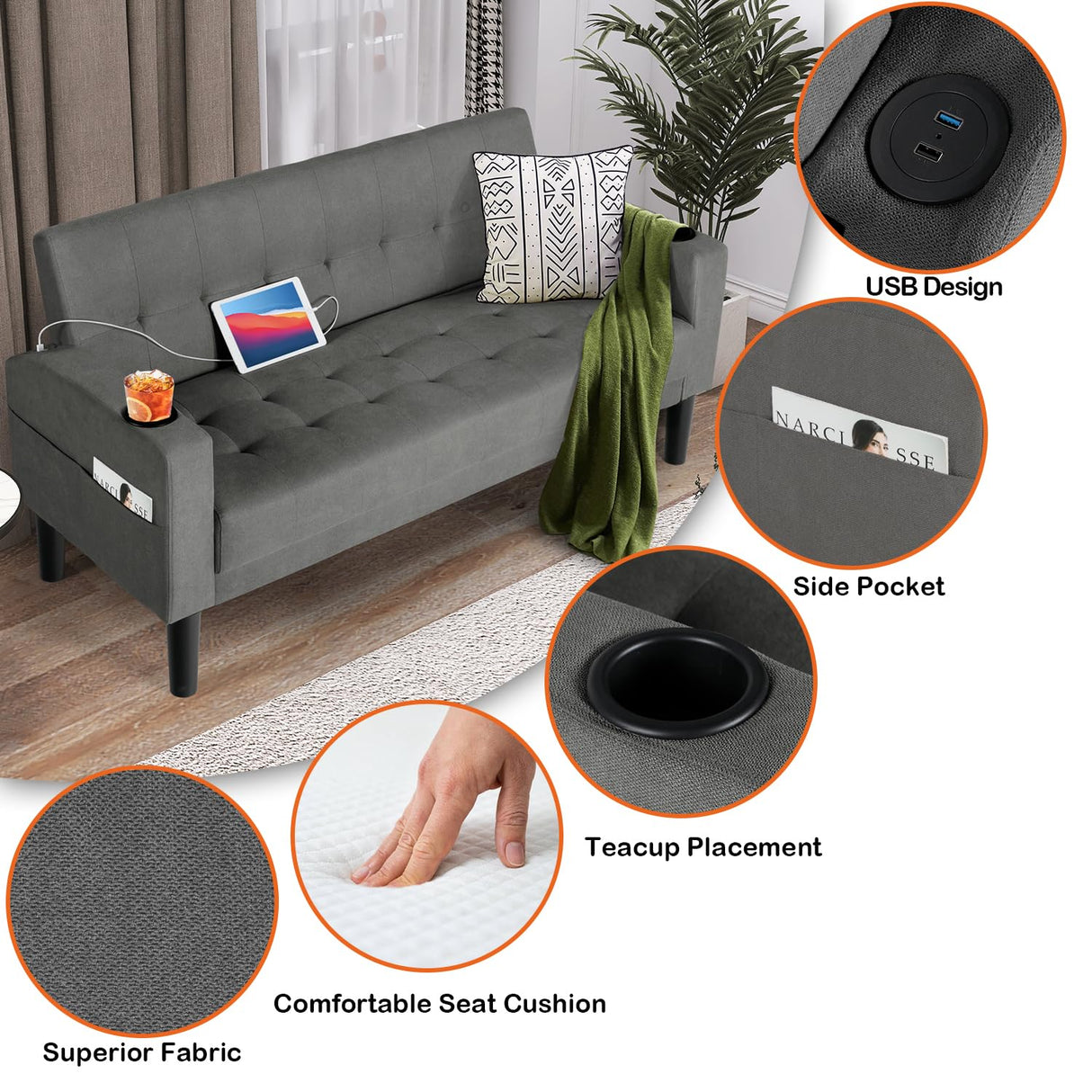 AILEEKISS 62" Loveseat Couches Upholstered Fabric Linen Love Seat Sofas Couch with 2 USB, Cup Holders, Side Pocket, Modern Tufted Sofa for Living Room, Office, Bedroom, Apartment (2-Seat, Dark Grey) AILEEKISS