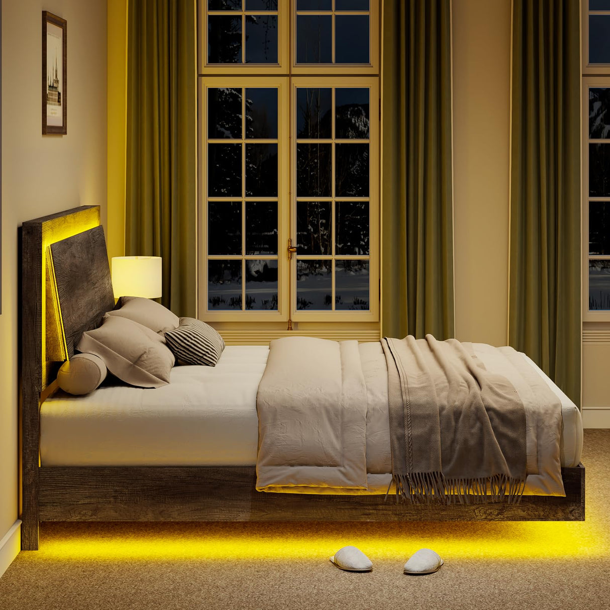 LUXOAK Queen Size Rustic Grey Floating Bed Frame with LED Headboard – No Box Spring Required, Easy Assembly, Noise-Free Design LUXOAK