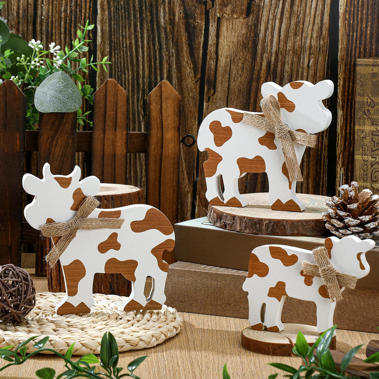 Redbaker 3 Pieces Farmhouse Tiered Tray Decor Cow Tabletop Decor Rustic Wooden Block Cow Centerpieces Decorations Wooden Tray Decor for Home Kitchen Shelf Decor Redbaker