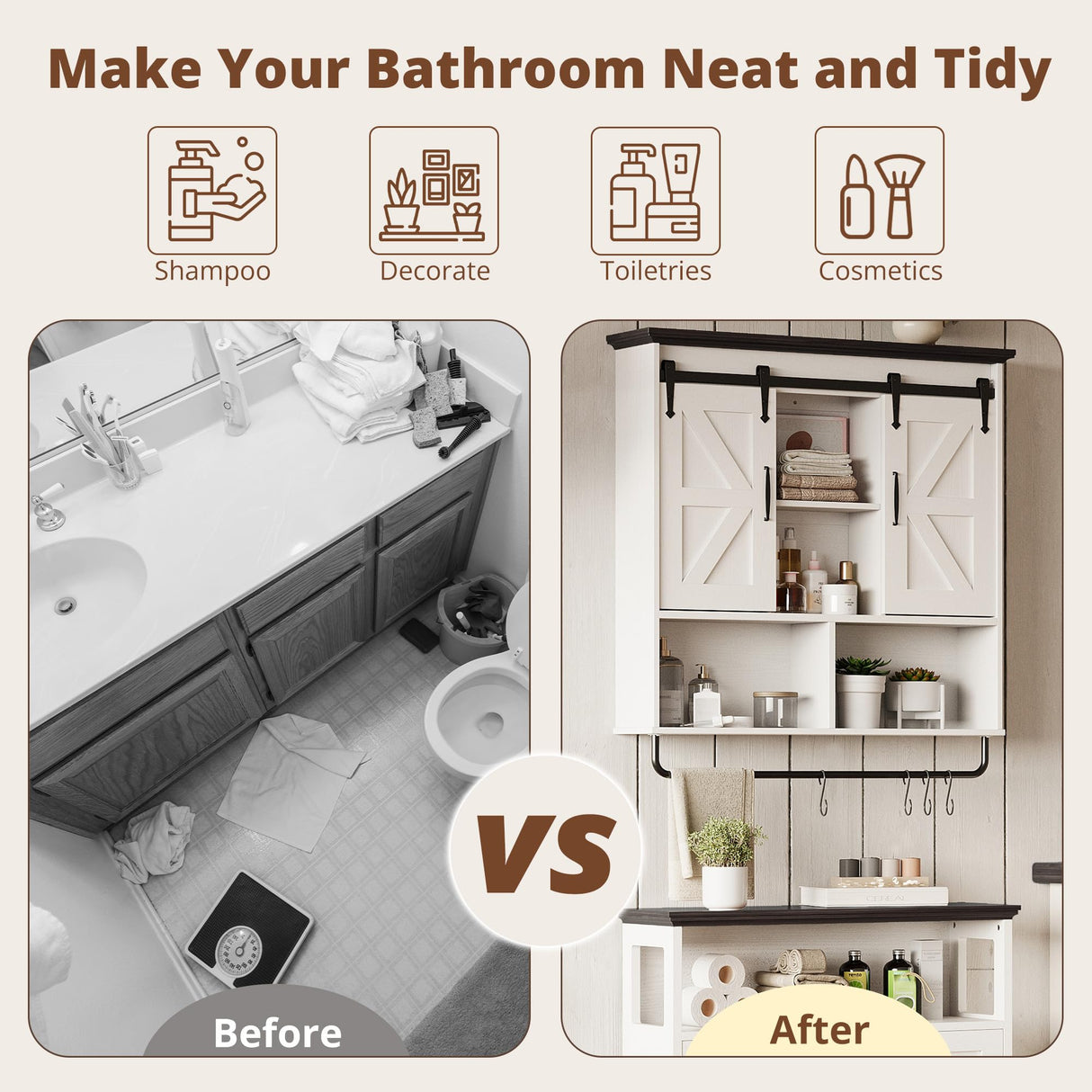 IRONCK Bathroom Wall Cabinet, Farmhouse Medicine Cabinet with Sliding Barn Door and LED Lights, Storage Cabinet Wall Mounted with Adjustable Shelves & Towel Bar for Bathroom, Kitchen, White IRONCK