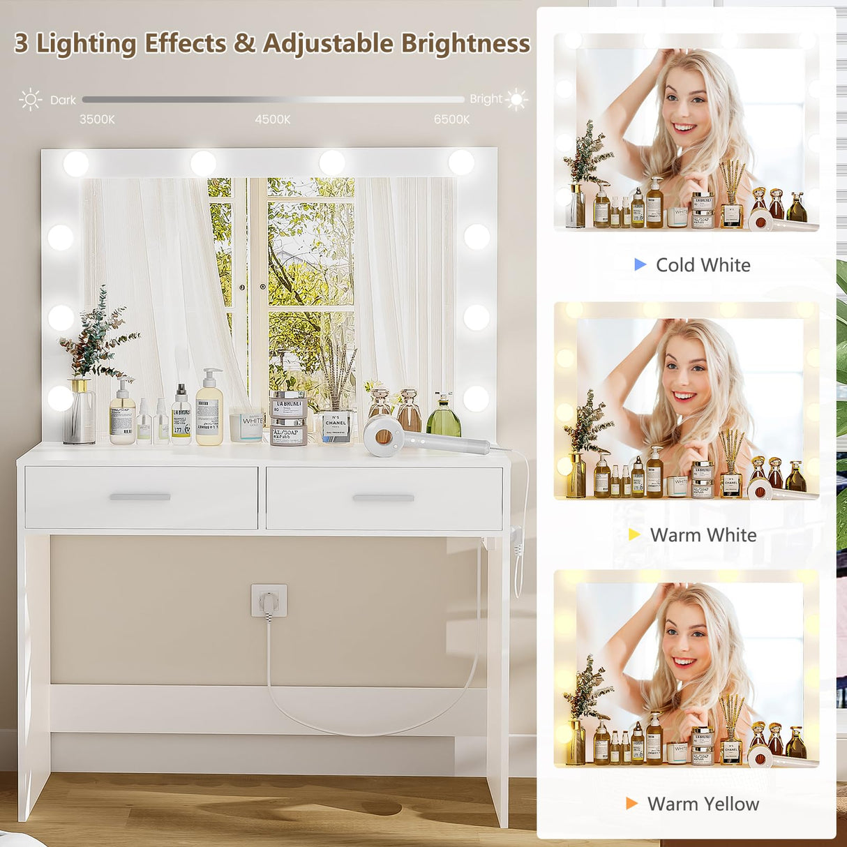 usikey Vanity Desk with Large Lighted Mirror, Makeup Vanity with 10 Lights, 2 Drawers & Power Strip, Vanity Desk Set, Dressing Vanity Tables for Women Girls, Bedroom, White usikey