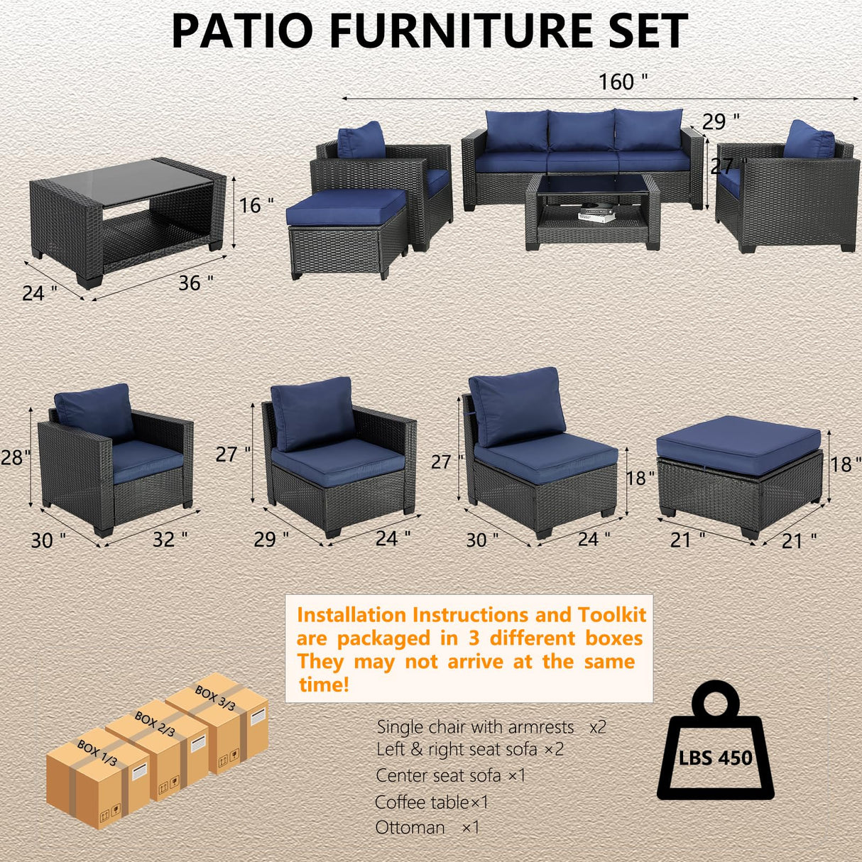 OSGMMOSG Patio Furniture Set Outdoor Furniture,Outdoor Patio Furniture 7 Pieces,Wicker Patio Furniture with Footstool and Coffee Table,Outdoor Couch for Porch, Poolside, Garden or Backyard OSGMMOSG