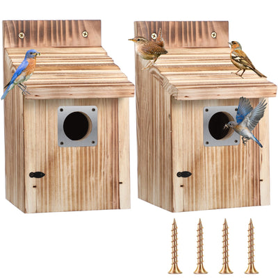 Dreyoo 2 Pack Cedar Bluebird Box Houses for Outside, 1-1/2” Entrance Hole Wooden Bird Houses with Metal Predator Guard, Secure Latch, Fledgling Grooves, Air Vents for Bluebird Wren Swallow Finch