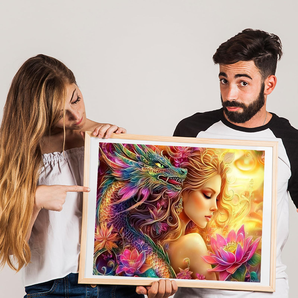 Beauty and Green Dragon Paint by Numbers Kits 16x20 inch Canvas Lotus Flower Woman Fairy DIY Oil Painting for Adults Beginner with Brushes and Acrylic Pigment Woman with Dragon Scenery (Without Frame) FUKVHIL