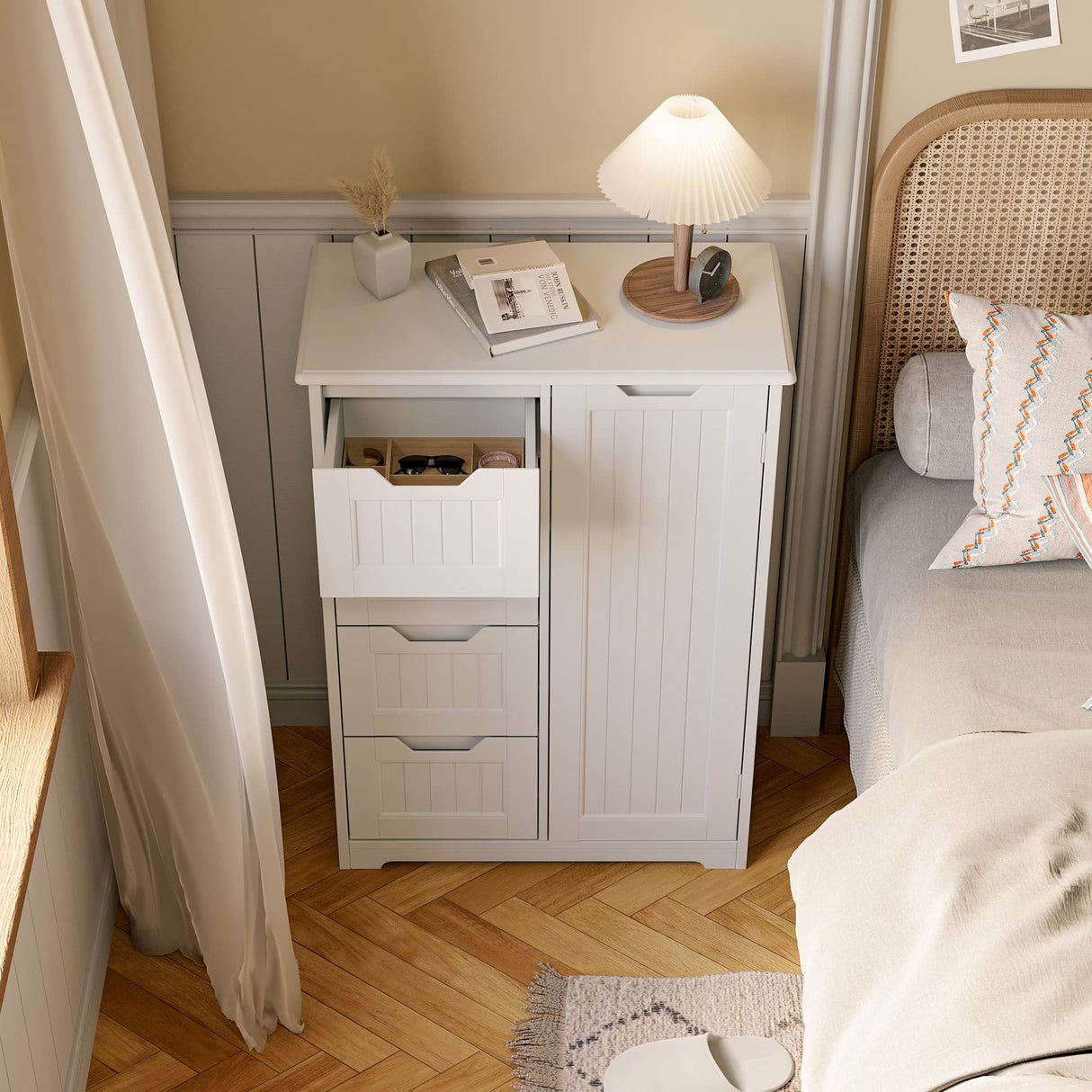 Gizoon 33" Small Kitchen Pantry Storage Cabinet with Door and Shelves, Pantry Cabinet Storage Cupboard, Freestanding Wooden Dresser with 4 Drawers for Bathroom and Dining Room, White Gizoon