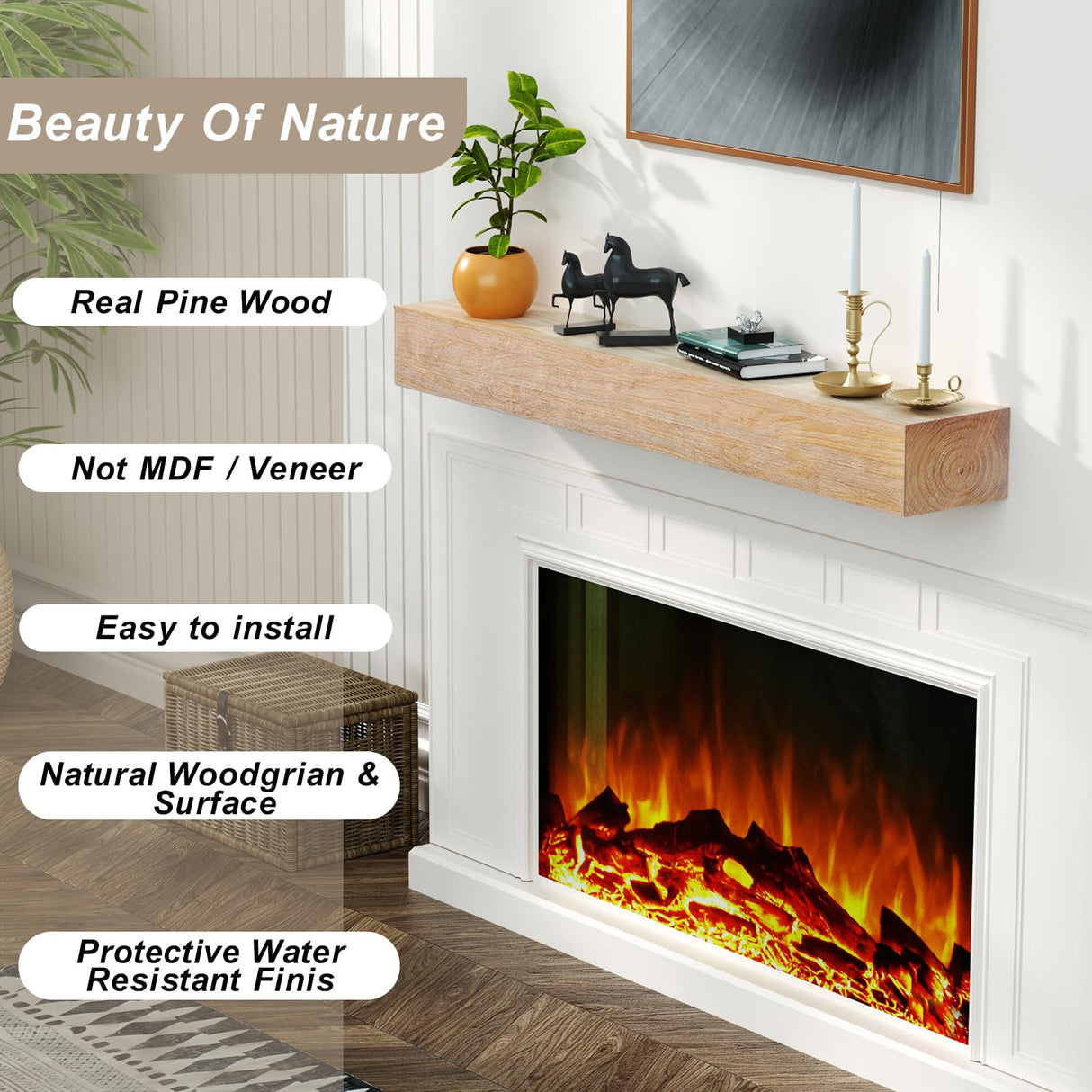 ROOMTEC Fireplace Mantel,48" Wood Floating Fireplace Shelves,Wall Mounted Wooden Display Shelving,Handcrafted Wood Brack,Natural Mantels Over Fireplace | 48" x 8" x 5"-Aged Oak ROOMTEC