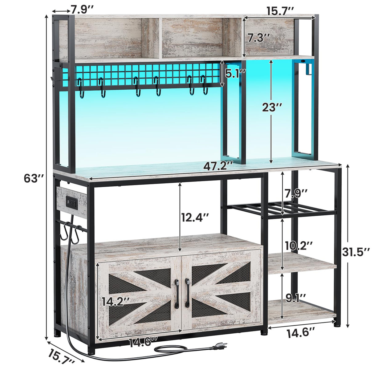 Itaar 47.2 Inch Bakers Rack with Power Outlet, Microwave Stand with Storage, Farmhouse Coffee Bar Cabinet Station with Wine Rack, Iron Mesh and 8-S Hooks, Vintage White Itaar