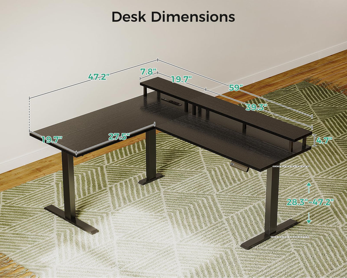 AODK Electric L Shaped Standing Desk with Monitor Stand, 59 Inch Height Adjustable Corner Desk with Power Outlets, Large Sit Stand Table, Reversible Computer Desk for Home, Office, Black AODK
