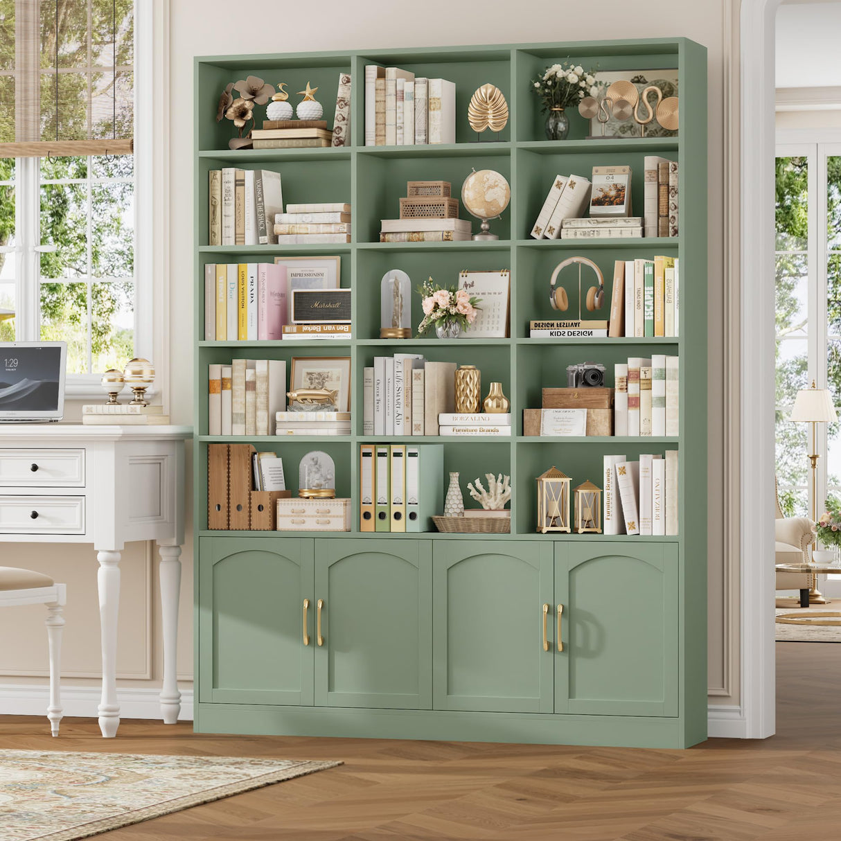 FACBOTALL 82.3" Triple Wide Bookshelf, 7-Tier Tall Bookcase with 15-Cube Open Bookshelf & 4 Doors, Large Bookshelf with Storage Cabinet, Modern Bookshelf for Living Room, Office, Study Room, Green FACBOTALL