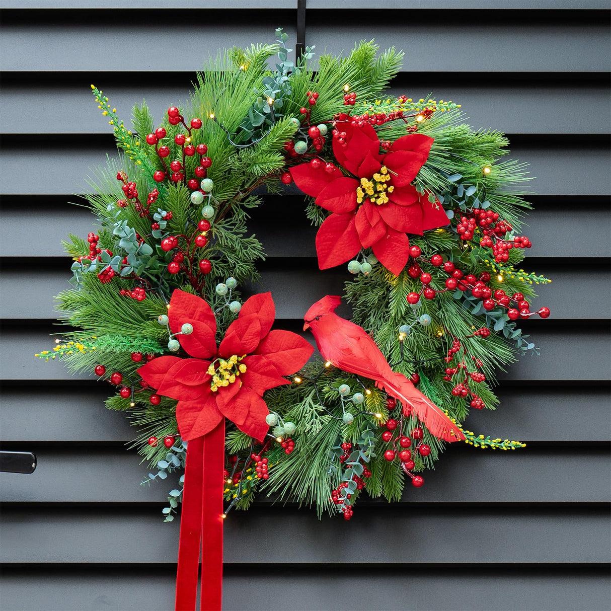 Pinkpuii Pre-Lit Christmas Wreaths for Front Door 24 Inch Christmas Wreath with Lights,Large Winter Wreath with Cardinal Birds,Poinsettia,Green Evergreen Pine Needles Red Berries Holiday Wreath Decor Pinkpuii