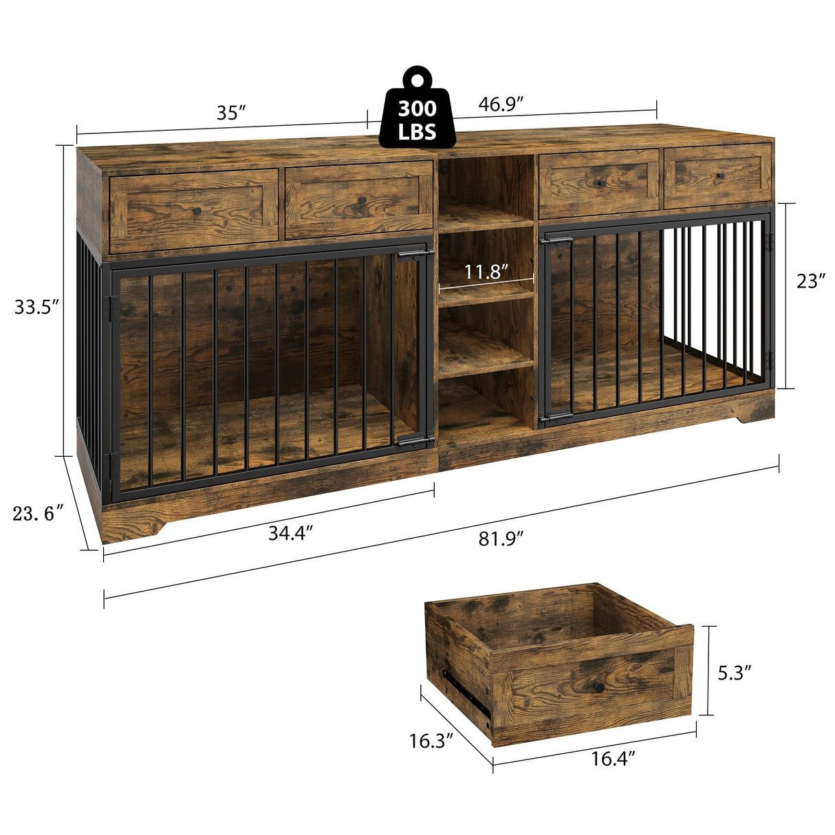 IDEALHOUSE 82” Large Dog Crate for 2 Dogs, Dog Kennel Indoor with 4 Drawers and Shelves, Double Dog Crate Furniture TV Stand, Wooden Dog Cage for Medium Large Dogs, Brown IDEALHOUSE
