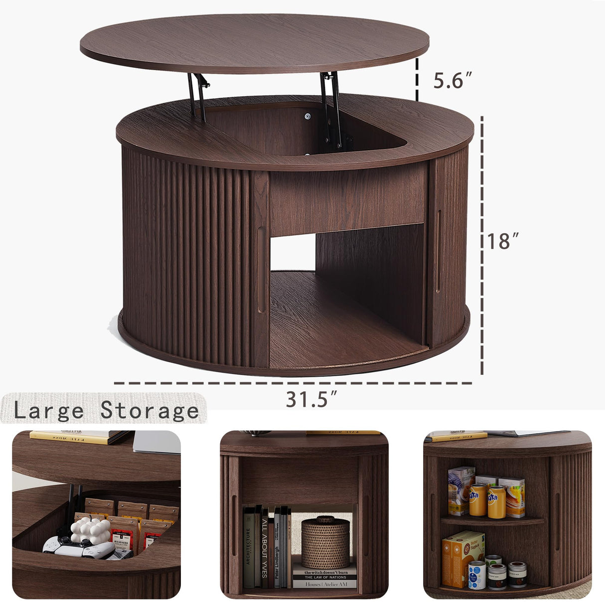 LINSY Lift Top Coffee Table, Round Fluted Coffee Table with Storage, Mid Century Modern Wooden Coffee Tables with Sliding Tambour Door, 31.5" Center Table for Living Room, Office, Small Space, Walnut LINSY