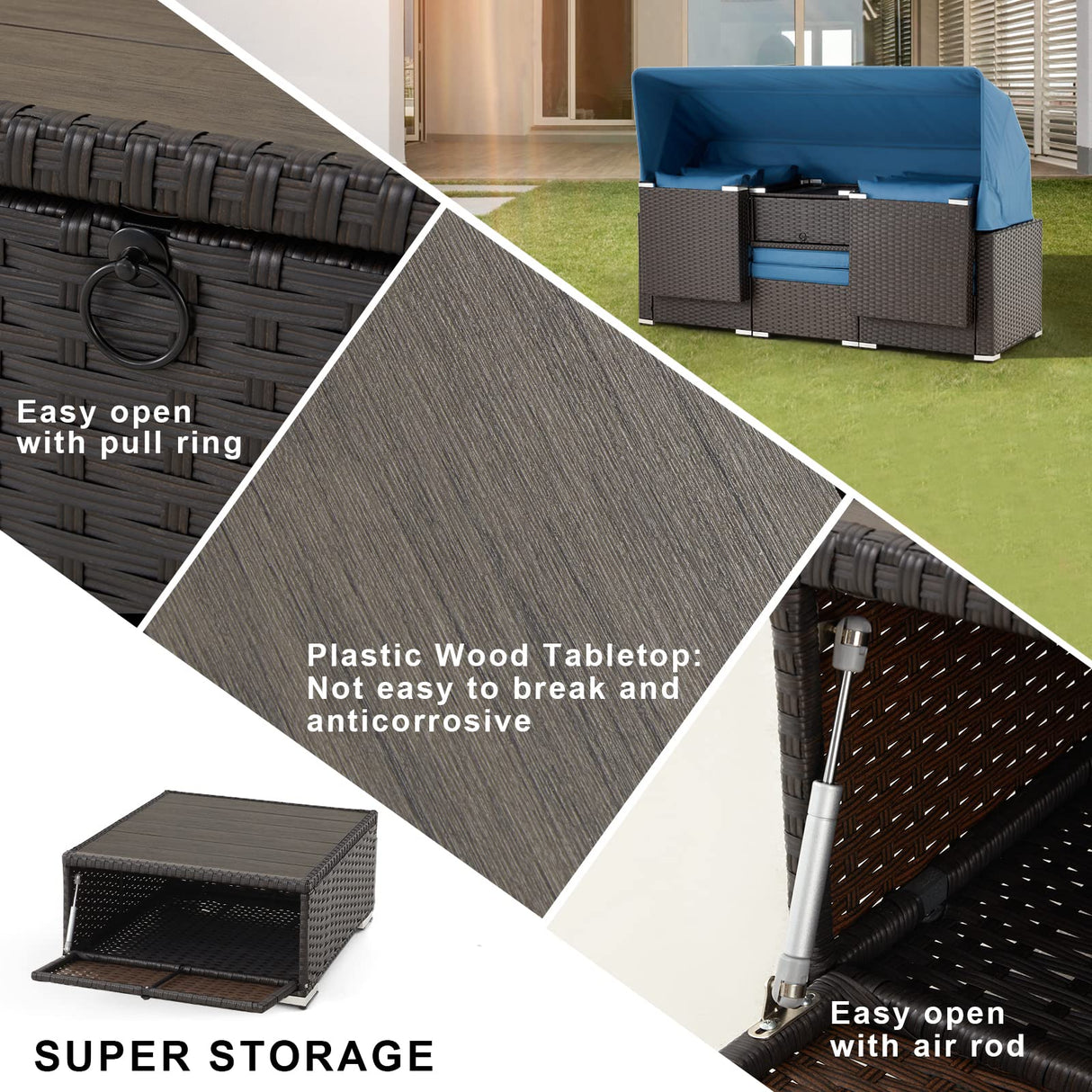 HOMREST 6 Pieces Patio Furniture Sets, Rattan Daybed with Retractable Canopy, Outdoor Sectional Sofa Set with Adjustable Backrest, Chaise Chair Sunbed for Garden Poolside Backyard (Blue) HOMREST