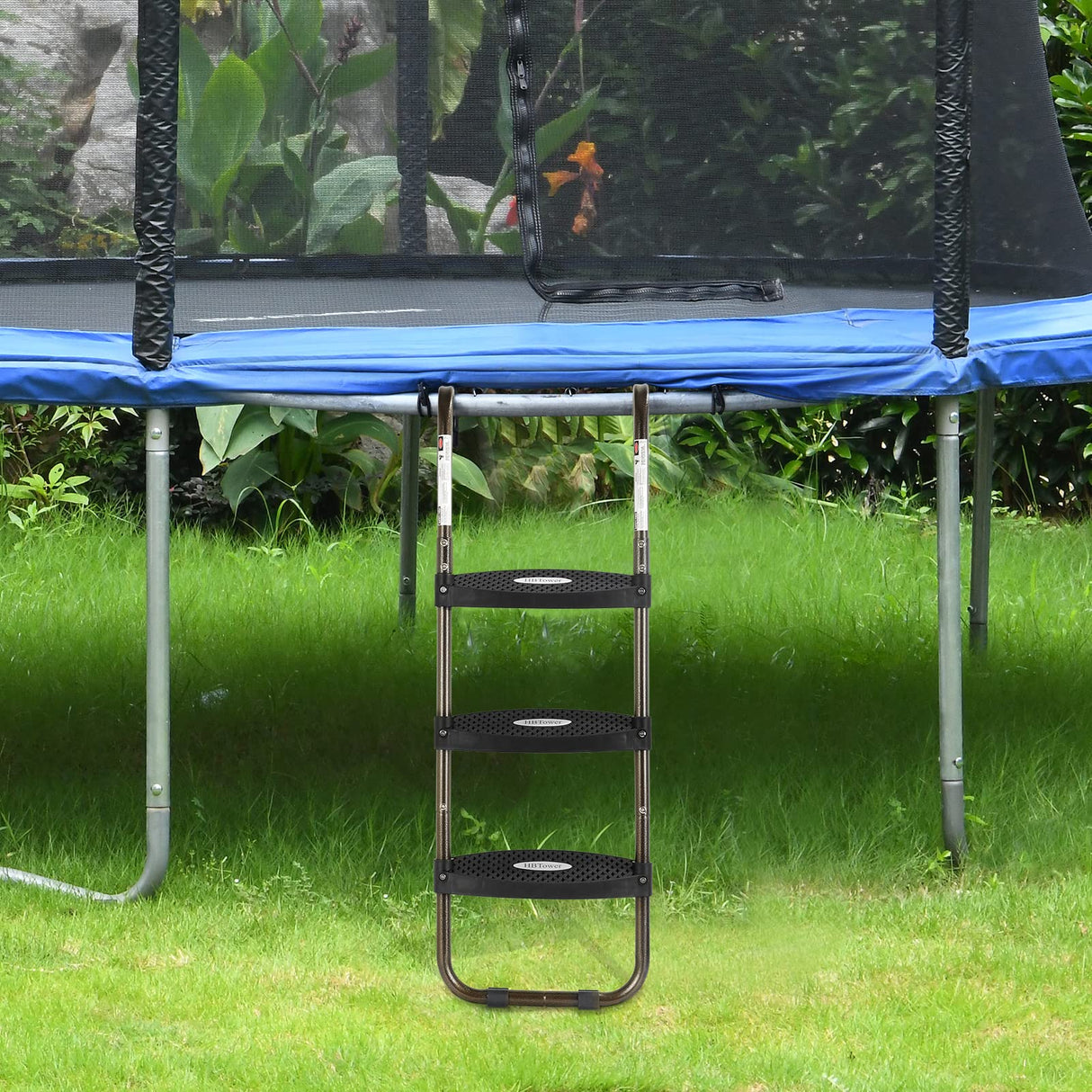 HBTower Trampoline Ladder, 3-Step Trampoline Steps with Horizontal Wide Steps, Skid-Proof Steps Universal Hook, UV Treated Steel, 220Lbs Capacity Trampoline Stairs Accessories for Kids/Children HBTower
