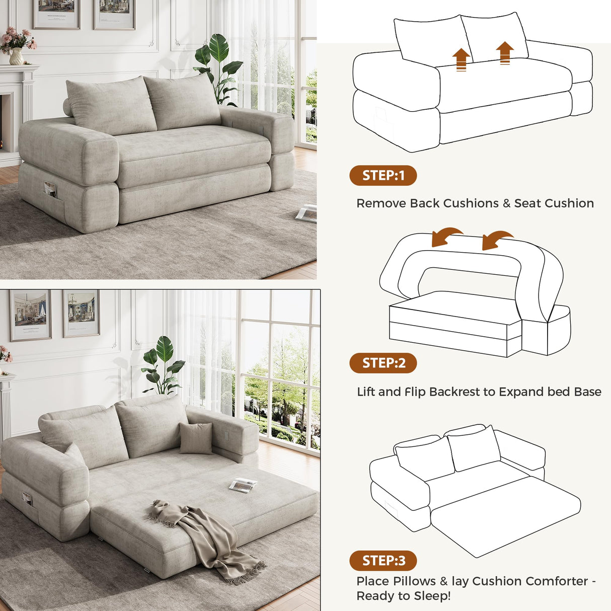 Jocoevol 75'' Queen Folding Convertible Sofa Bed with Large Pillow, 4-in-1 Floor Foldable Futon Sofa Bed, Chenille Boneless Mattress Couch, Floor Sleeper Sofa Chair Bed for Living Room/Bedroom, Beige Jocoevol