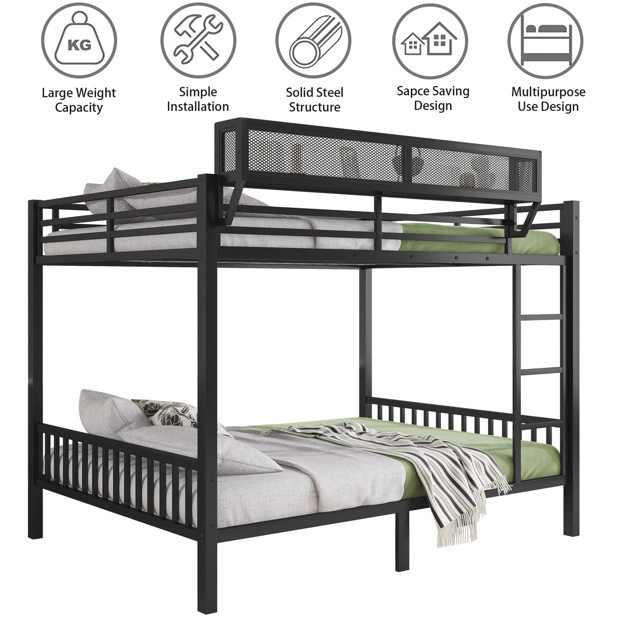 Mirightone Queen Over Queen Bunk Beds for Adults, Metal Bunk Bed Queen Size with Storage Shelf,Heavy-Duty Bunk Bed Frame with Ladder and Slats Support for Boys Girls,Space-Saving,Noise Reduced,Black Mirightone