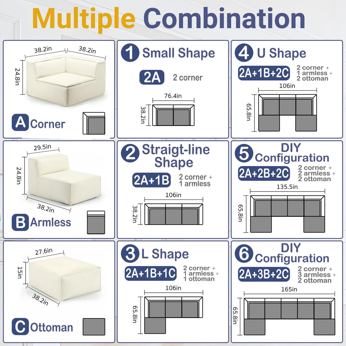 KOBY HOME 38“ Modular Sectional Sofa Convertible Cube Thick Couch Seat Set, Combine L-Shaped U-Shaped, Free Assembly, Space-Saving for Living Room, Fabric Chenille Beige White (Only Armless) KOBY HOME