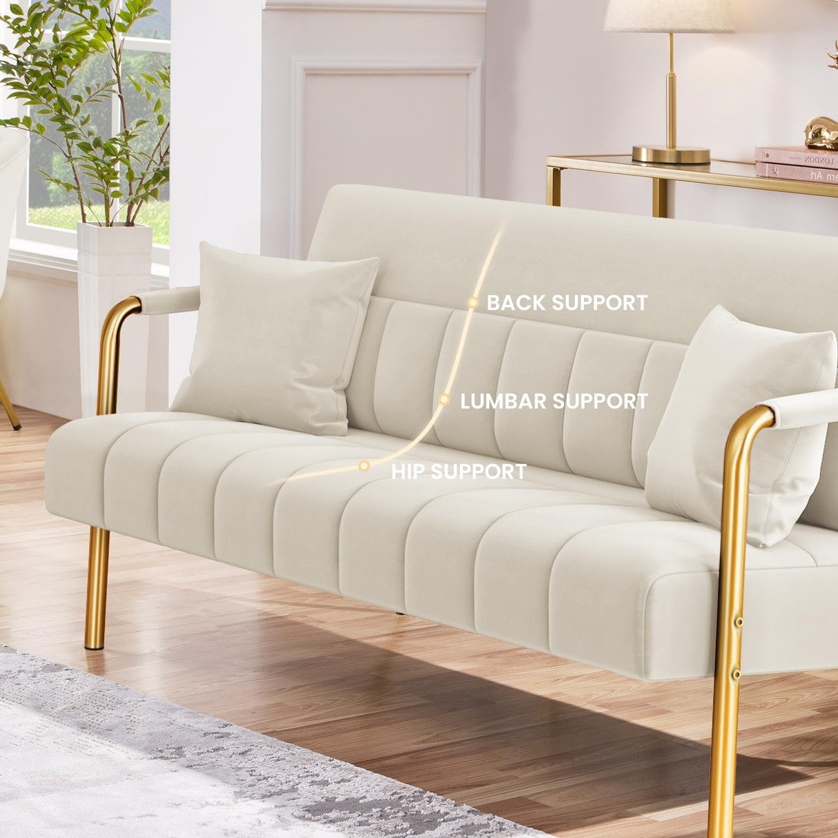 Yaheetech 56.5" W Modern Sofa Small Sofa Luxurious Velvet Fabric Couch with Gold-Tone Metal Arms and Legs for Living Room, Home Office, Studio Beige Yaheetech