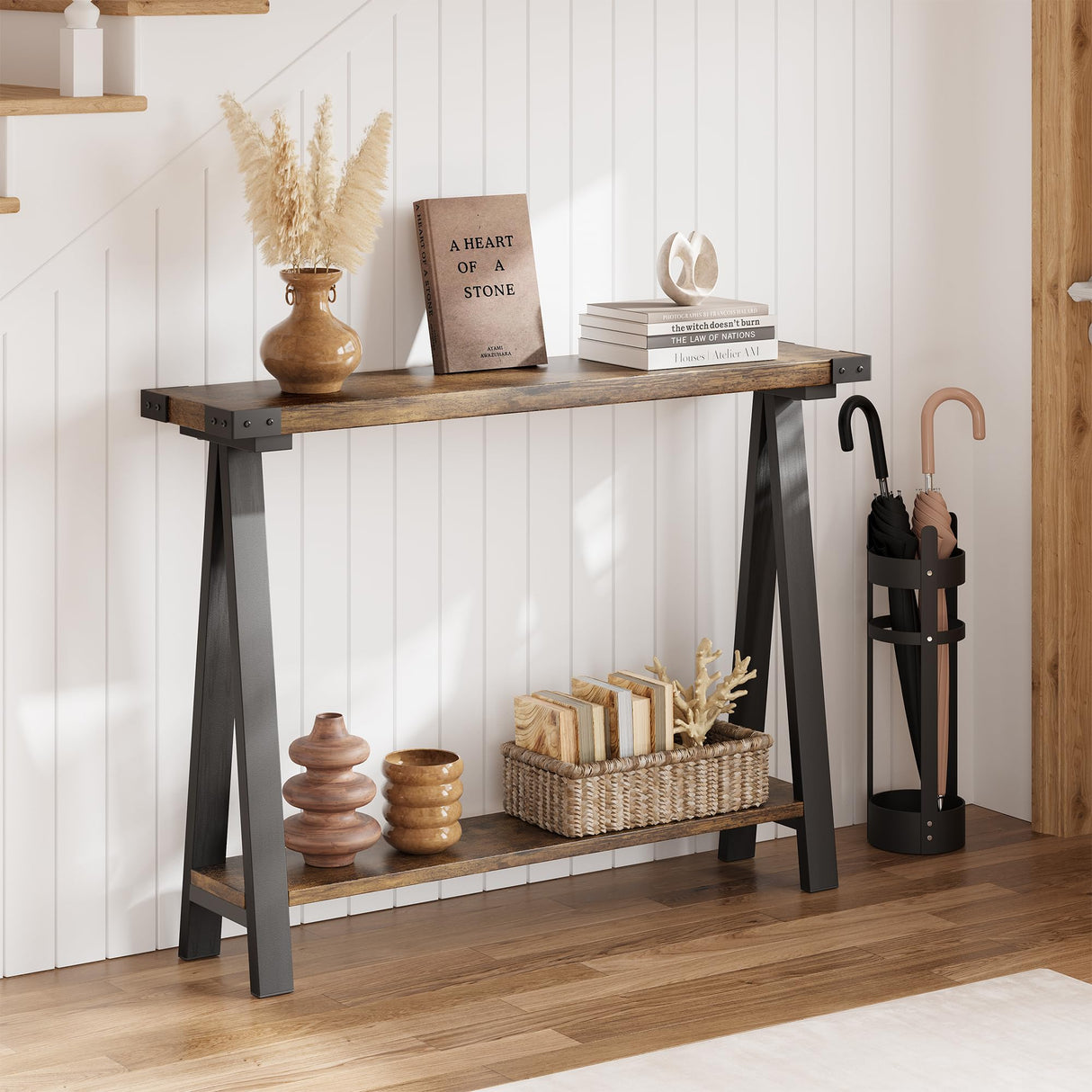 GAOMON Farmhouse Console Table, 43.3" Entryway Table with Storage, 2 Tier Sofa Table with Metal Frame and MDF, Behind Couch Table for Living Room, Hallway, Entryway-Rustic Brown GAOMON