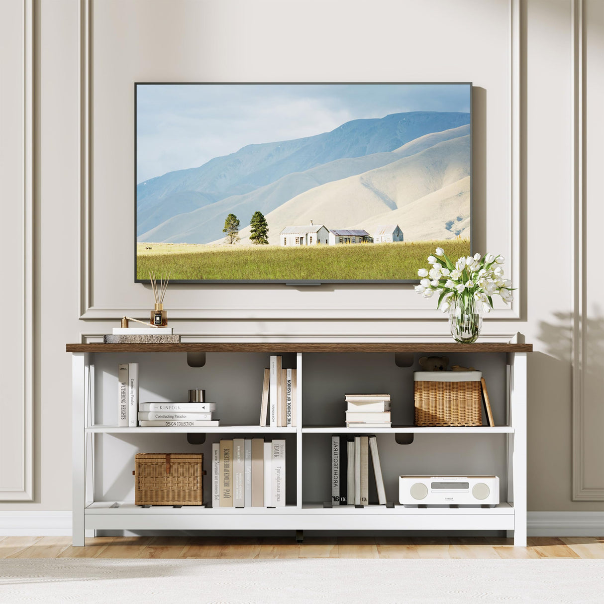ChooChoo Farmhouse TV Stand for TVs up to 55 Inch, Modern Entertainment Center with 4 Open Shelves & Built-in Cable Holes, Media TV Console for Living Room, Bedroom, White ChooChoo