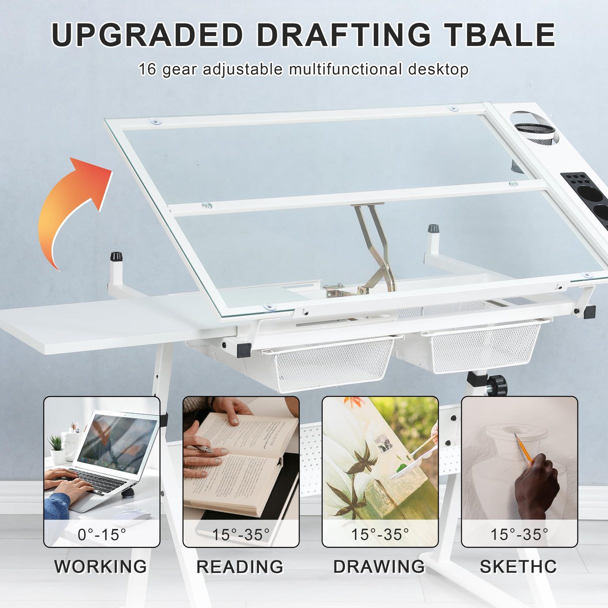 LiviNest Height Adjustable Drafting Table - Modern Tempered Glasses Artist Drawing Table Tilted Tabletop with Chair - Glass Topped Art Desk Work Station with Stool for Home Office White LiviNest