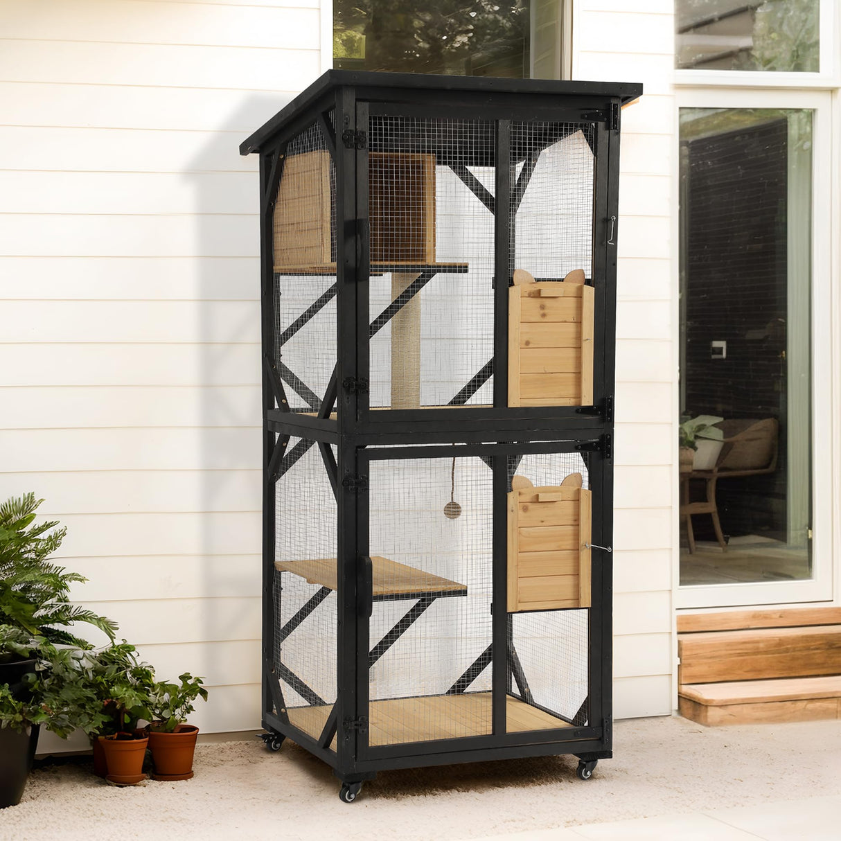 GIODIR 71" H Cat Catio Outdoor Cat Enclosure Window, 4 Tiers Cats Wooden House Cage on Wheels, Large Catios for Cats Indoor Patio with Waterproof Roof, Removable Floor and Scratching Post(Black) GIODIR