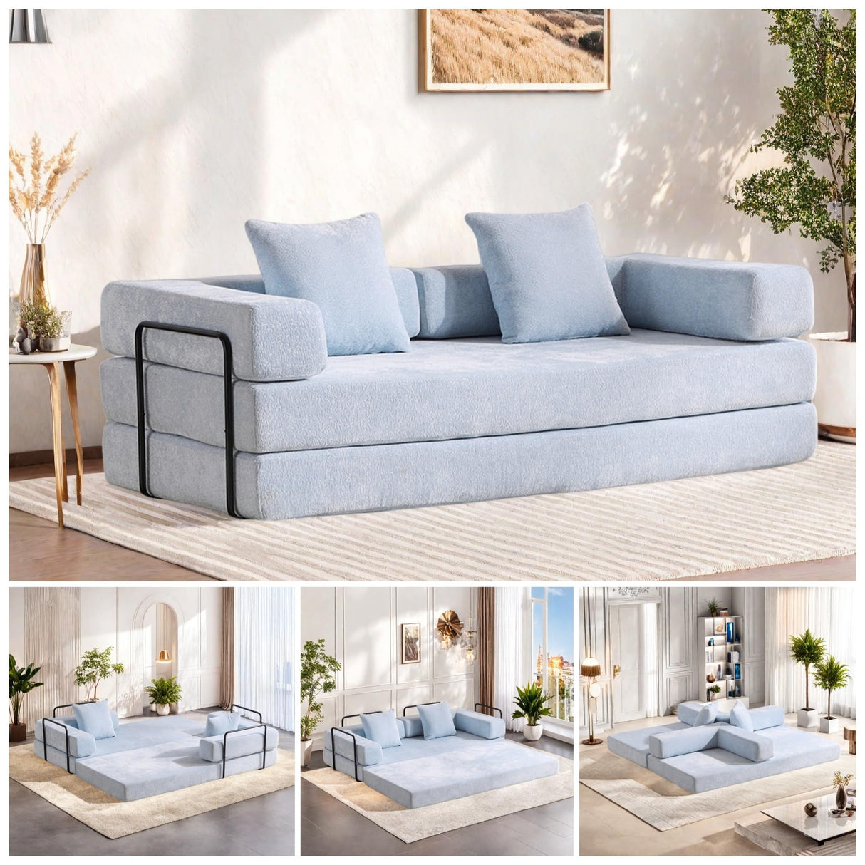 Trygoal Convertible Floor Sofa Bed, Foldable Mattress Cloud Couch with Pillow Back & Armrest, Chenille Sleeper Sofa Bed with Fixed-Shape Frame, Compressed Couch for Living Room Bedroom, Light Blue Trygoal