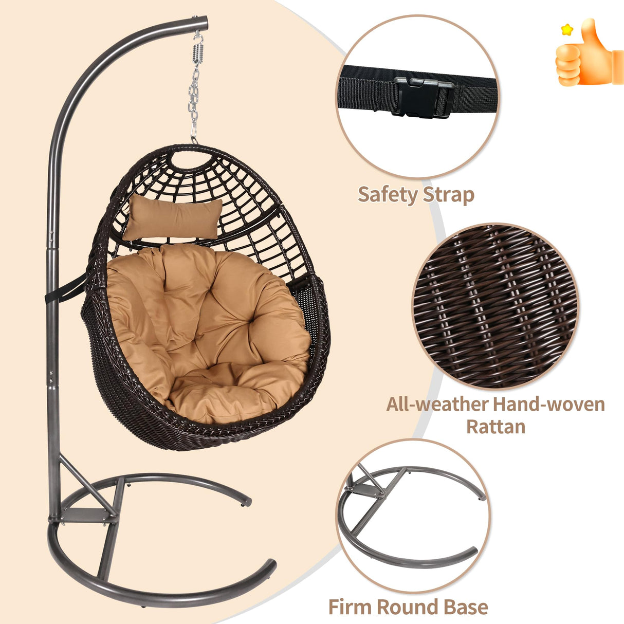 TWT Hanging Egg Chair with Stand, 330lbs Capacity Patio Wicker Egg Swing Chair with UV Resistant Cushion for Bedroom Garden Indoor Outdoor (Dark Brown) TWT