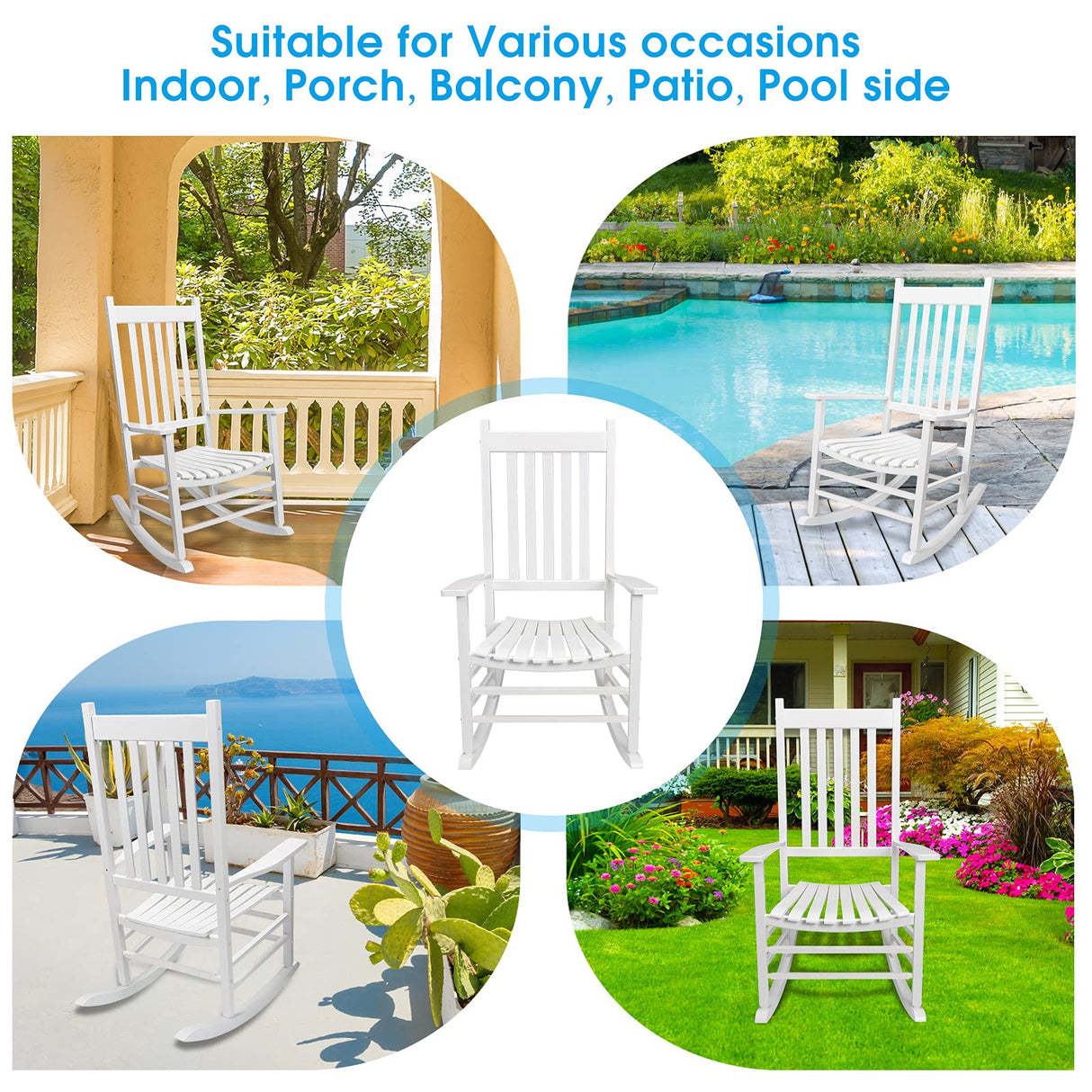 GnL Recsports Patio Rocking Chair, Outdoor Rocking Chair, Wood Porch Rocker, Wooden Rocking Chair for Adult for Garden, Lawn, Balcony, Backyard and Patio (1 White) GnL Recsports