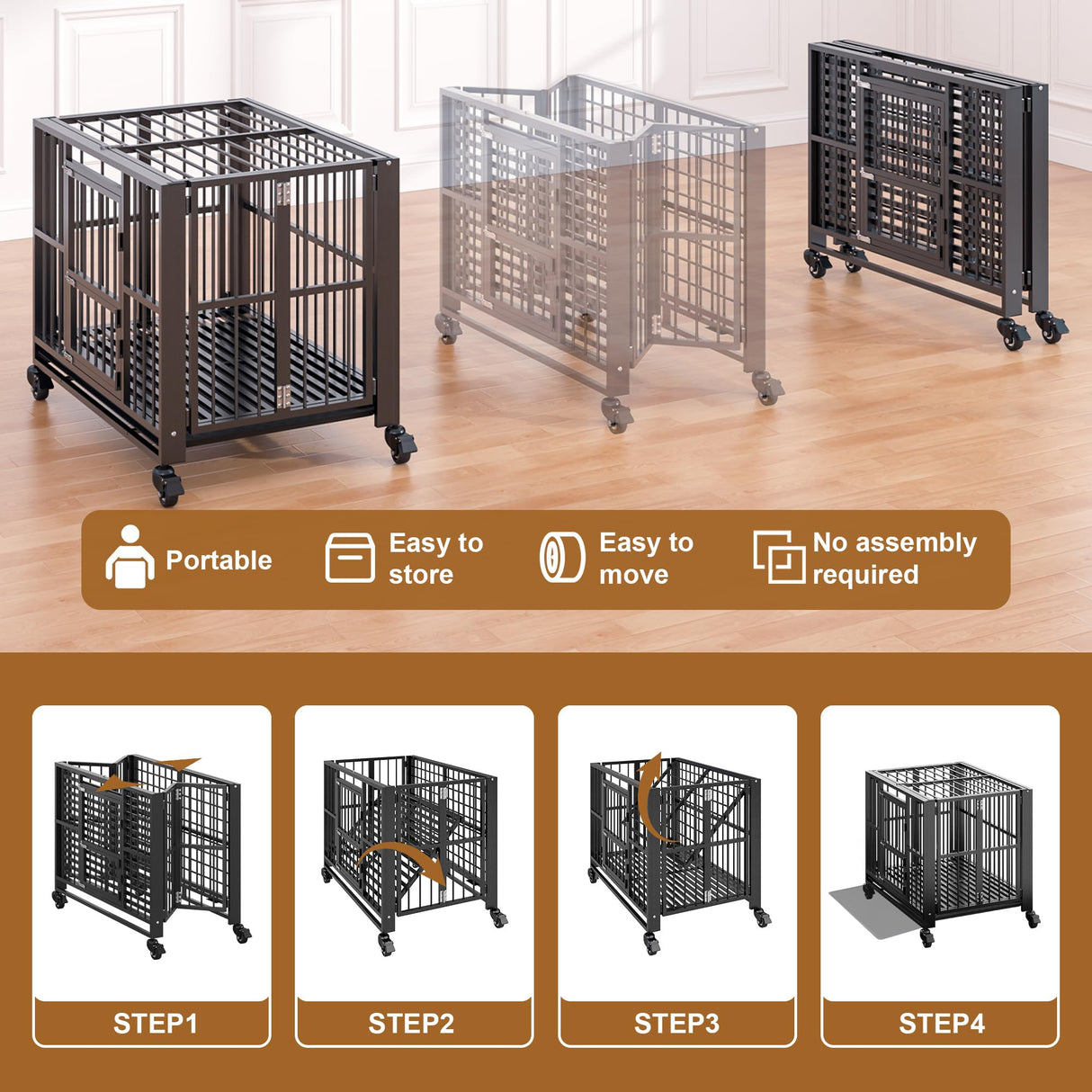 Polar Aurora Heavy Duty Dog Crate, Foldable Indestructible Dog Kennel, Escape Proof Extra Large Dog Cage with Lockable Wheels, High Anxiety Pet Playpen with Double Door for Indoor/Outdoor Use. (43in) Polar Aurora