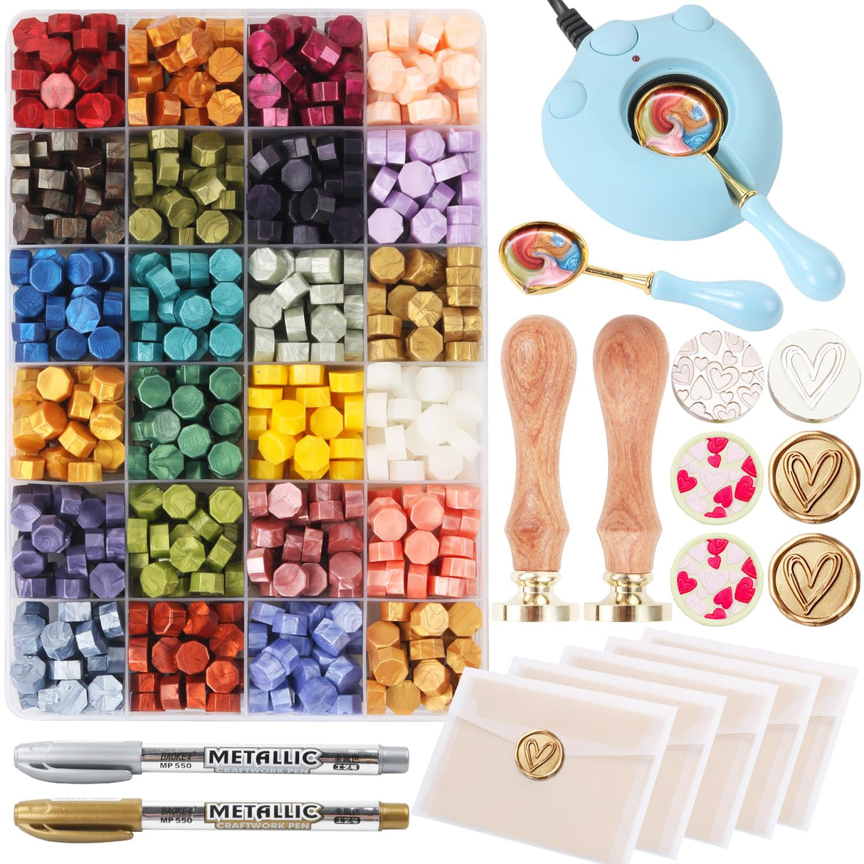 Wax Seal Stamp Kit with 24 Colors Wax Seal Beads 600pcs, WASOHLING 2PCS Love Heart Wax Seal Stamps with Electric Sealing Wax Warmer Set, Envelopes and Wax Seal Metallic Pen for Letter Sealing WASOHLING