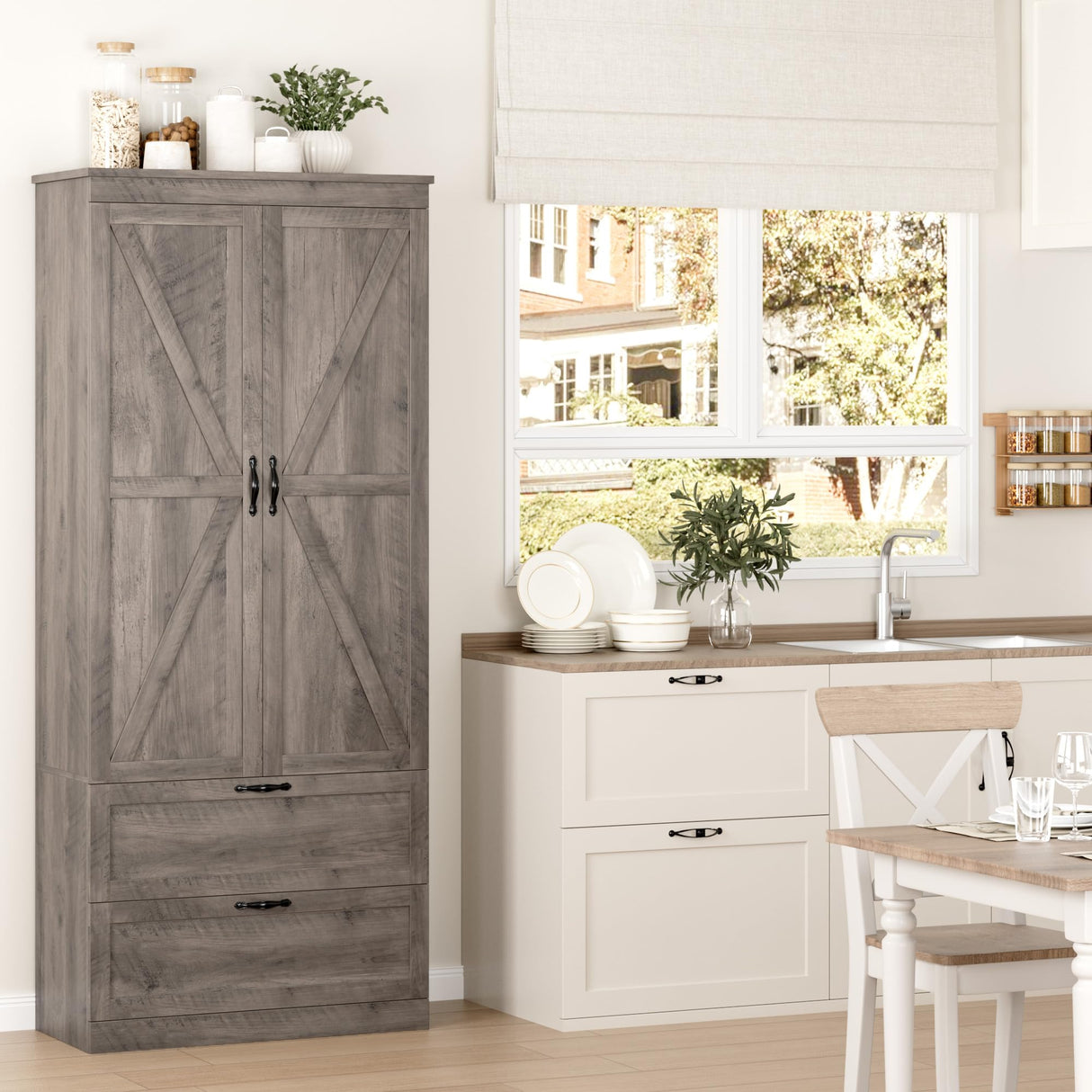 HOSTACK 70" Tall Kitchen Pantry Storage Cabinet, Barn Doors Pantry Cabinet with Drawers and Adjustable Shelf, Modern Farmhouse Storage Cabinet for Kitchen, Dining Room, Living Room, Bathroom, Ash Grey HOSTACK