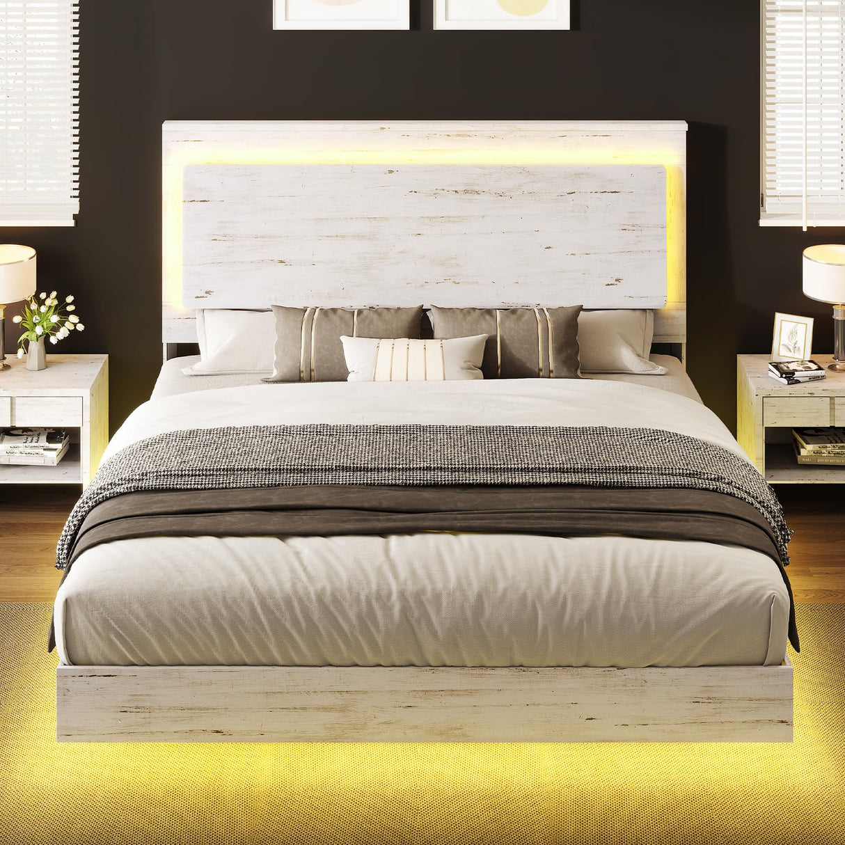 AMERLIFE Distressed White Full Bed Frame with Floating Design, Recline Headboard & Versatile RGB LED Lighting AMERLIFE