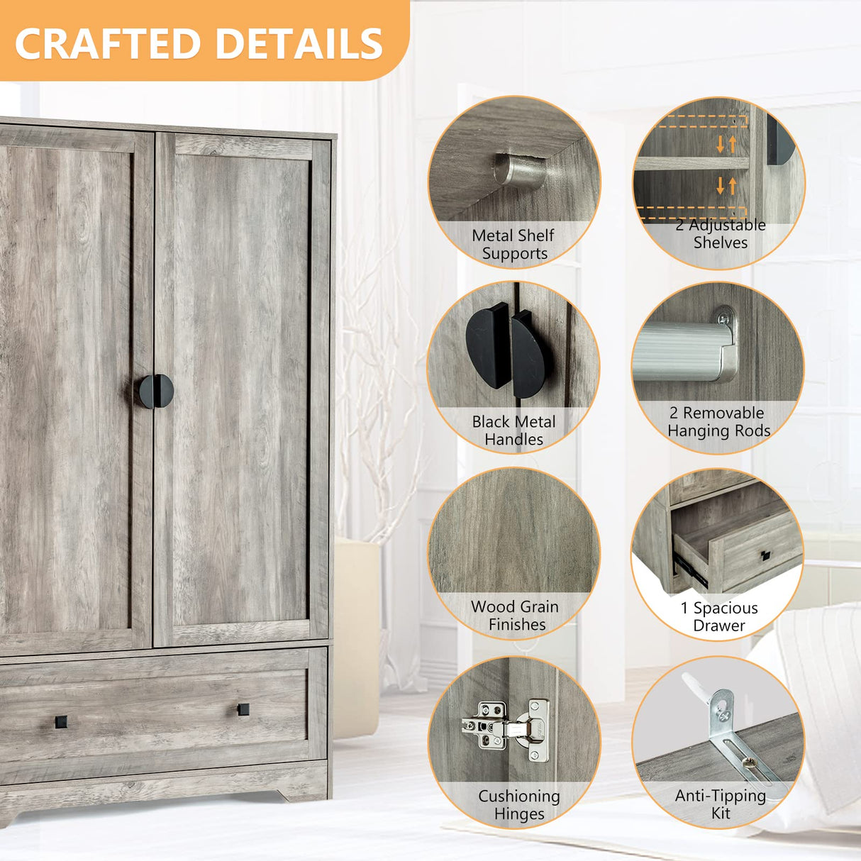 VINGLI Wide Armoire Wardrobe Closet with Hanging Rod, Adjustable Shelves and Drawer, Freestanding Wardrobe Closet with Doors, Bedroom Armoires and Wardrobes, Rustic Grey VINGLI