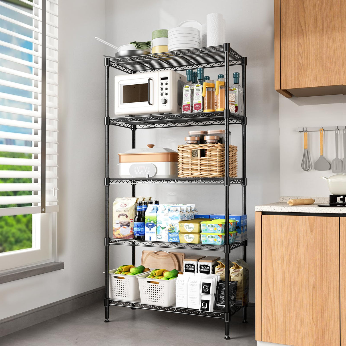 RackBro 72" H Storage Shelves 5 Tier Wire Shelving with Shelf Liners, Adjustable Metal Garage Shelving, 1325LBS Heavy Duty Commercial Storage Rack for Pantry Kitchen, 35" W x 16" D x 72" H, Black RackBro