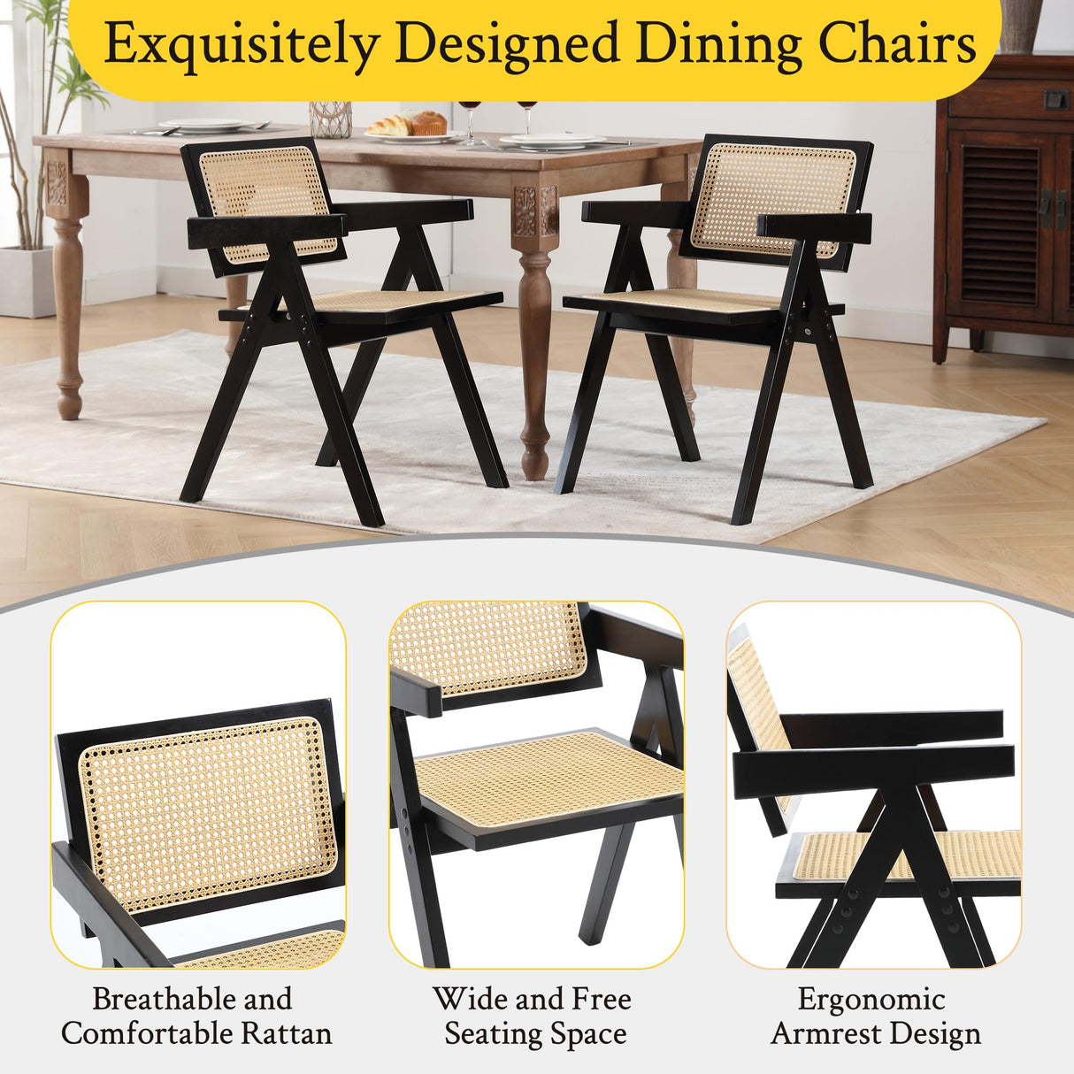 GOOLON Rattan Dining Chairs Set of 4, Rattan Chairs 18 Inch Seat Height for Dining Room, Modern Cane Dining Chair with Woven Backrest, Comfortable Seat, Sturdy Wood Frame for Indoor Kitchen, Black GOOLON