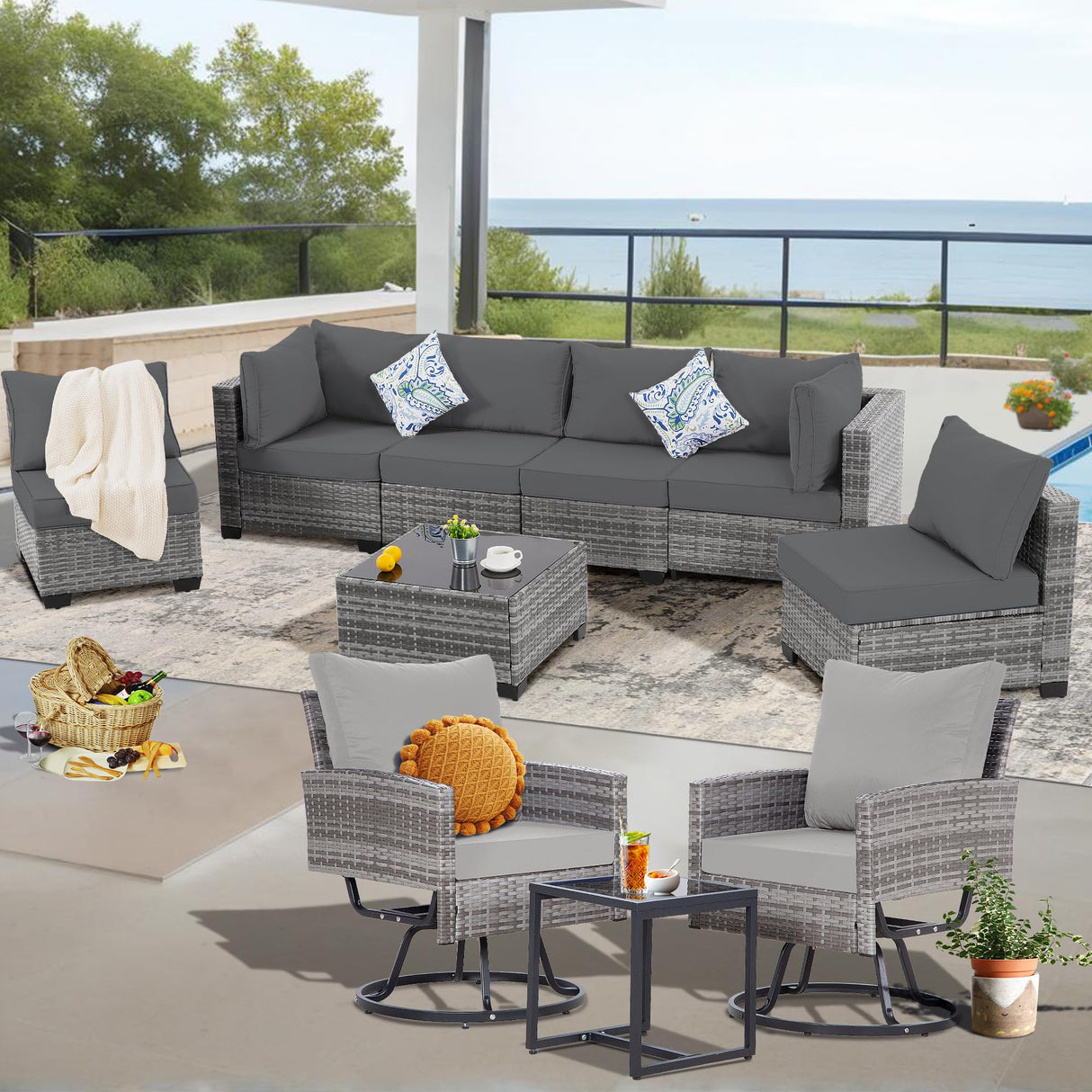 FHFO 10 Pieces Outdoor Patio Furniture Set with Swivel Chairs, Wicker Sectional Sofa Set Rattan Modular Patio Conversation with Cushions Couch & Coffee Table for Garden, Balcony, Porch, Grey-Grey FHFO