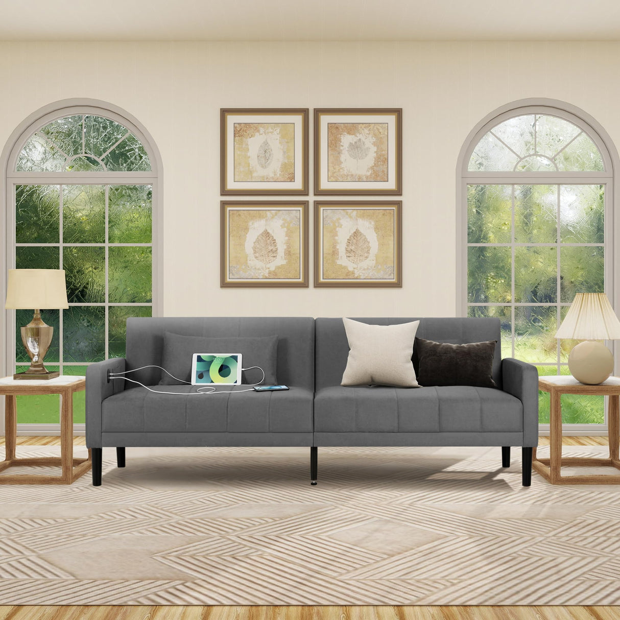 CHYMSUN 82" Convertible Futon Sofa Bed, Comfy Fabric Folding Sleeper Couch Bed w/USB & Adjustable Backrest, 3 in 1 Modern Foldable Recliner Loveseat Futons for Living Room, Apartment, Office (Grey) CHYMSUN