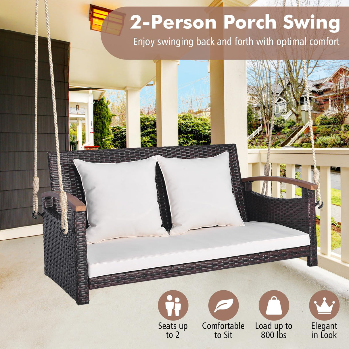 Tangkula Patio Rattan Porch Swing, 2-Person Hanging Chair with Seat & Back Cushions, Reinforced Metal Frame & 2 Hanging Hemp Ropes, Wicker Woven Swing Loveseat for Backyard, Front Porch (Off White) Tangkula