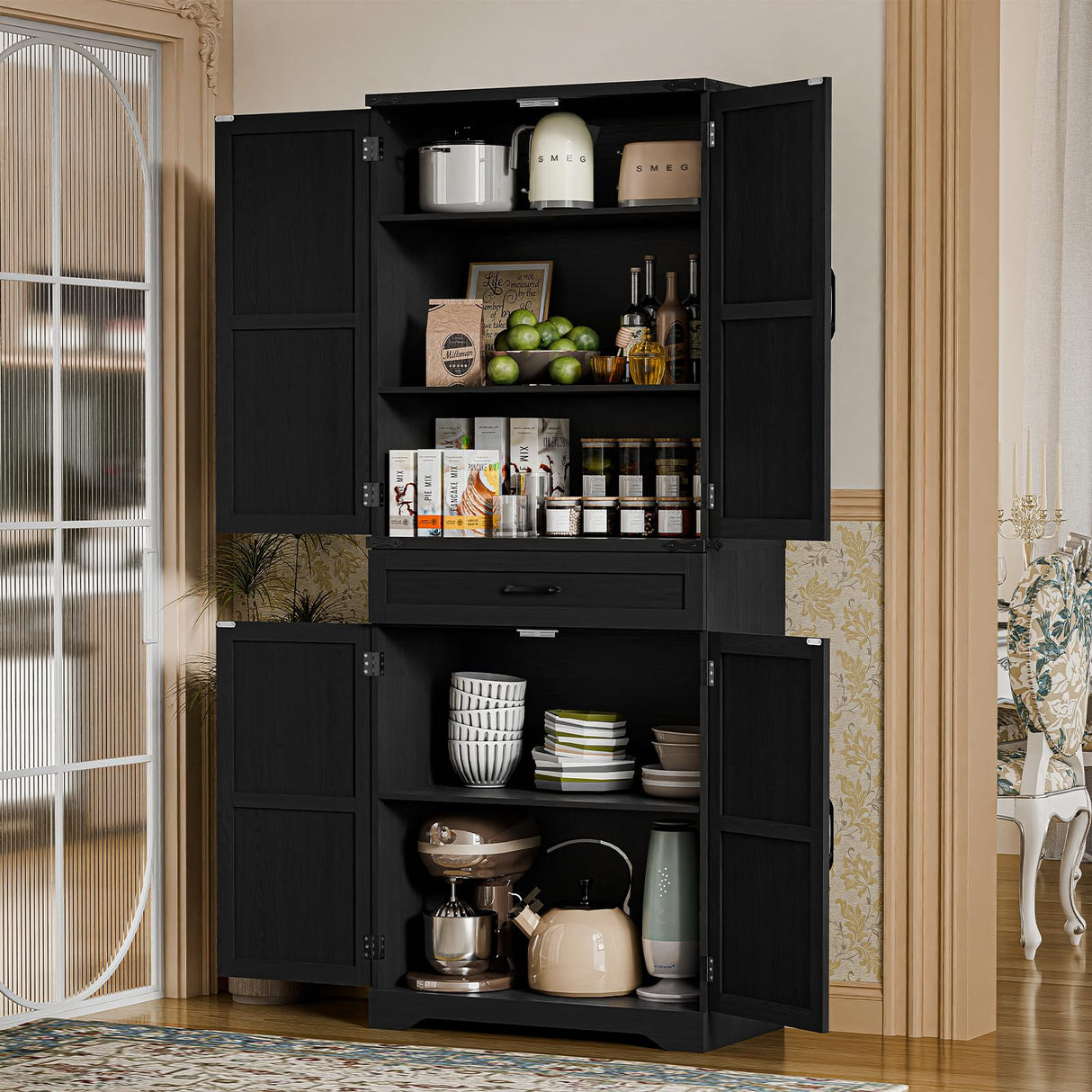 72" Kitchen Pantry Storage Cabinet, Farmhouse Storage Cabinet with Adjustable Shelves, Large Capacity Storage Cabinet with Drawer,Freestanding Cupboard for Kitchen, Dining Room, Living Room, Black Befrases