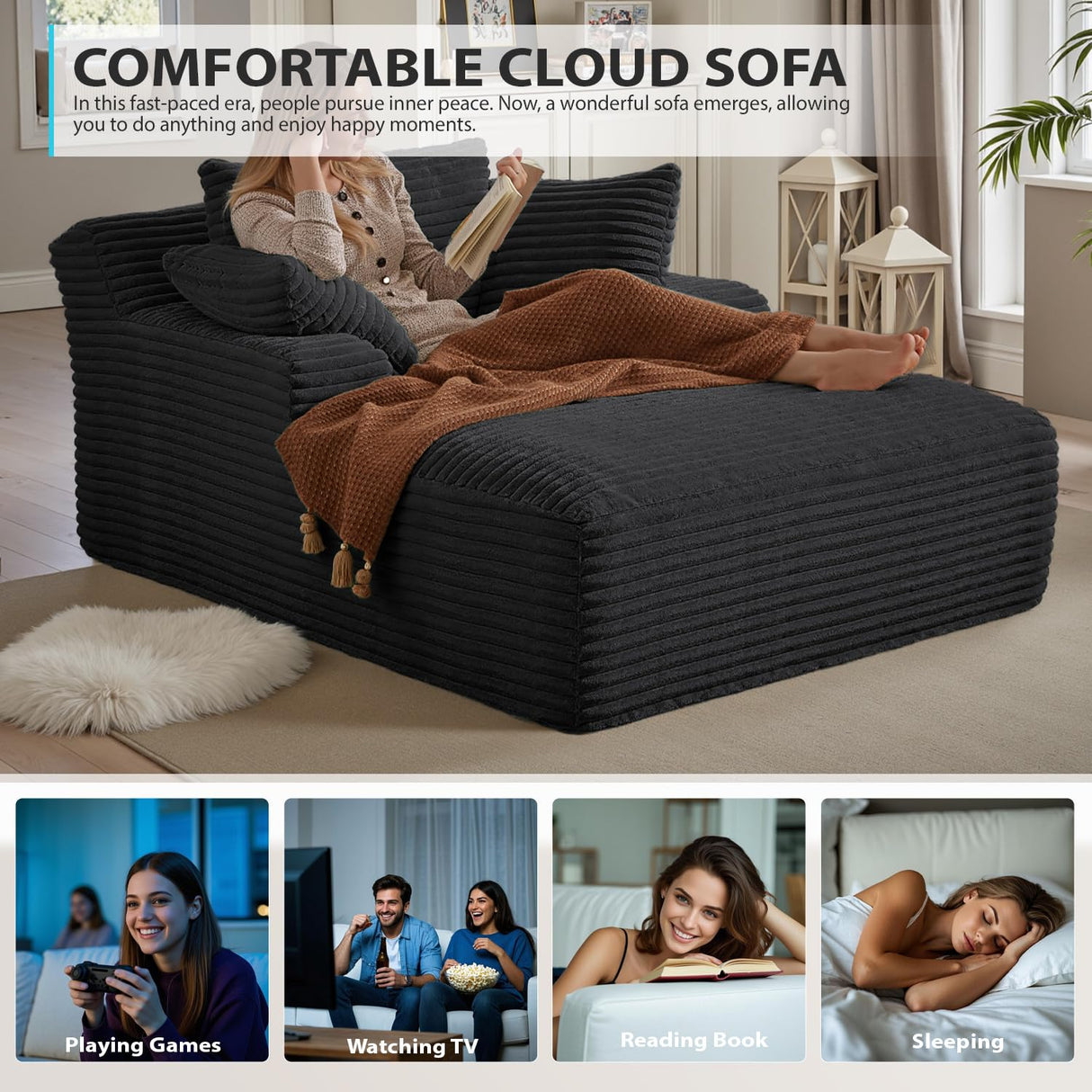 67 Inch Oversized Chaise Lounge Chair Indoor, Corduroy Upholstered Boneless Sofa Bed, Deep Seat Sleeper Couch Reading Chairs, Cloud Sofas Couches for Living Room, No Assembly Required (Black) HANXIN