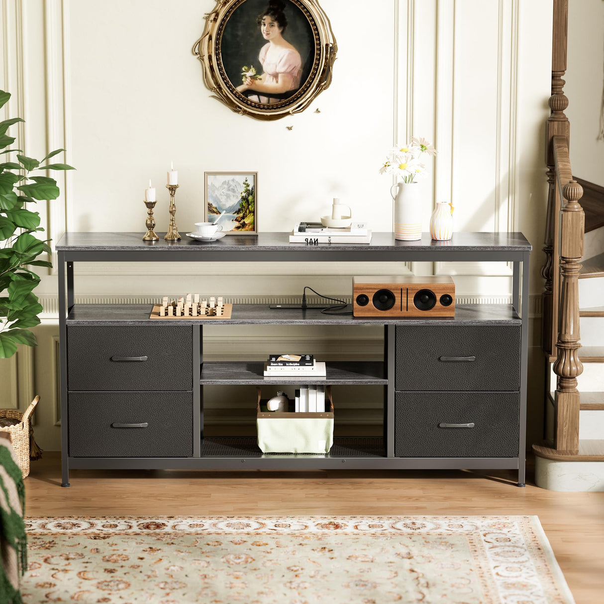 Huuger TV Stand Dresser with Power Outlets and LED Lights, 4 Drawers Entertainment Center with Shelves, 54in Media Console for 55 60 Inch TV, Dresser with PU Finish, Grey and Black Huuger