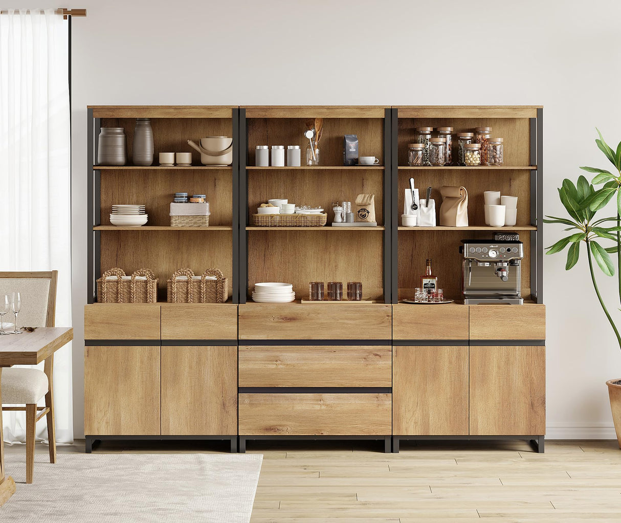 WAMPAT 3 PCS Modern 72" Tall Bookcase with 3 Drawers and Adjustable Shelves, Library Book Shelf with Storage Cabinet and Open Shelving, Wood Freestanding Bookshelves for Home Office, Living Room, Oak WAMPAT