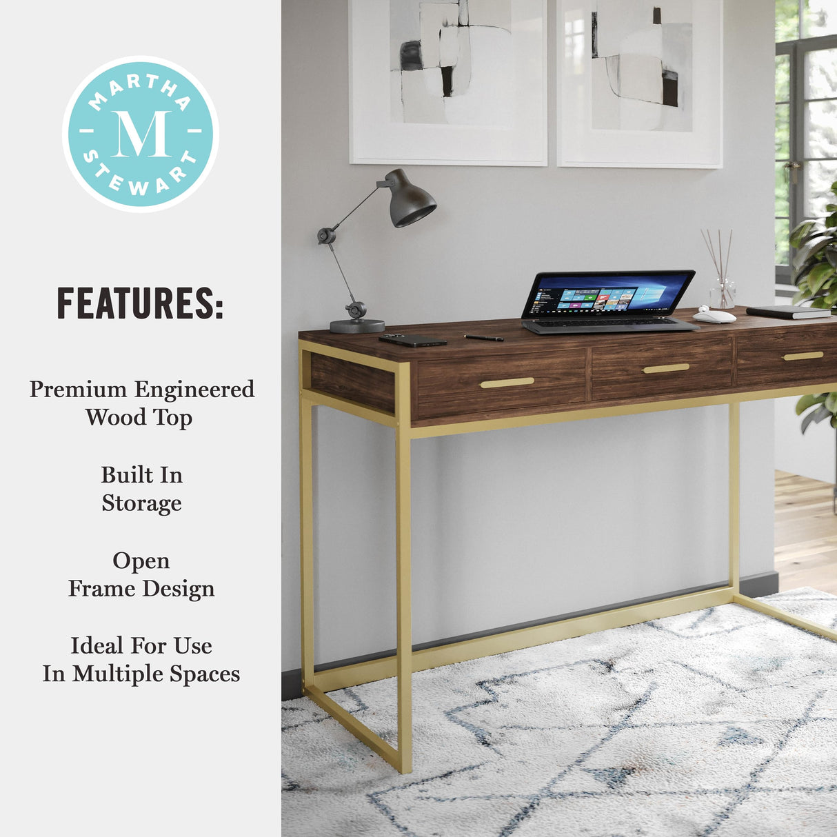 Martha Stewart Ollie Home Office Desk with 3 Drawers in Walnut Wood Grain with Polished Brass Hardware Martha Stewart