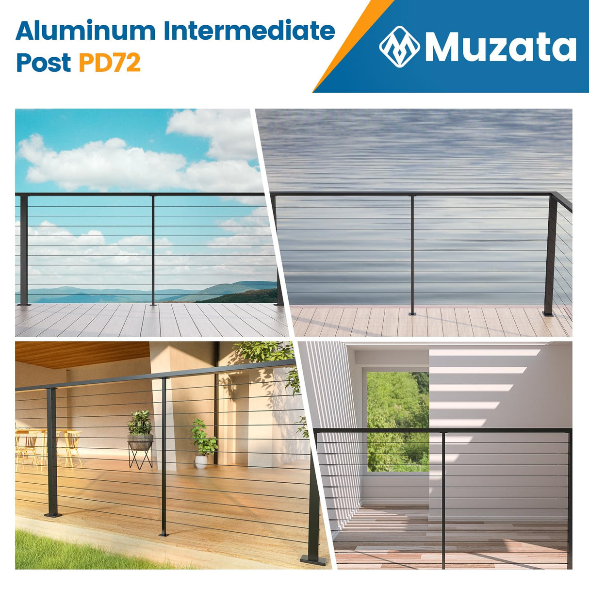 Muzata 2Pack Black Aluminum Intermediate Cable Railing Post Level drilled 36" x3/4" Surface Mount Cable Railing System Kit Square Stabilizer Post with Flat Bracket Indoor Outdoor Seaside PD72 BHAS Muzata