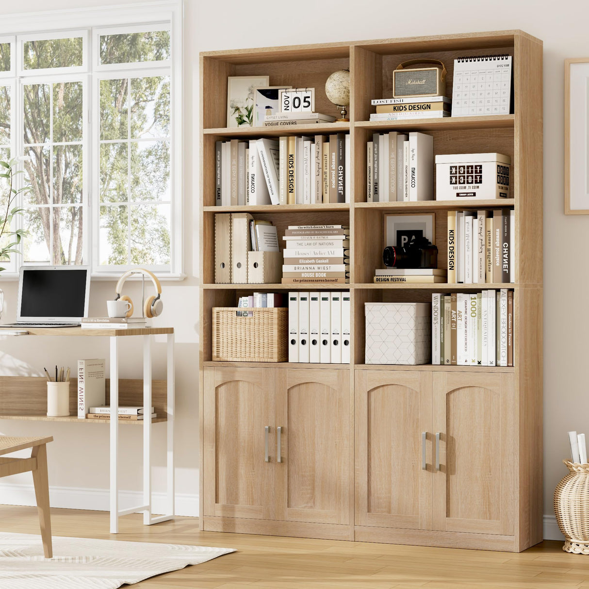 FACBOTALL Bookshelf and Bookcase with Doors, 6 Tier Double Wide Large Bookshelves, Open Display Shelves, 73'' Tall Bookcases for Home Office, Living Room, Library, Oak FACBOTALL